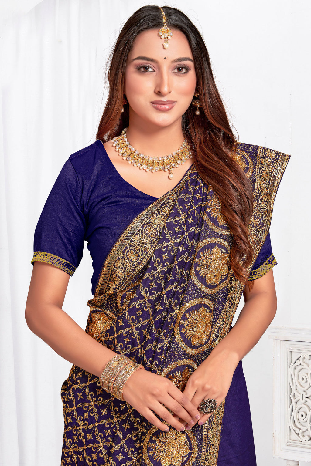 Royal Nevi Blue Vichitra Blooming Silk Saree | Heavy Jari Embroidery with Stone Work Blouse