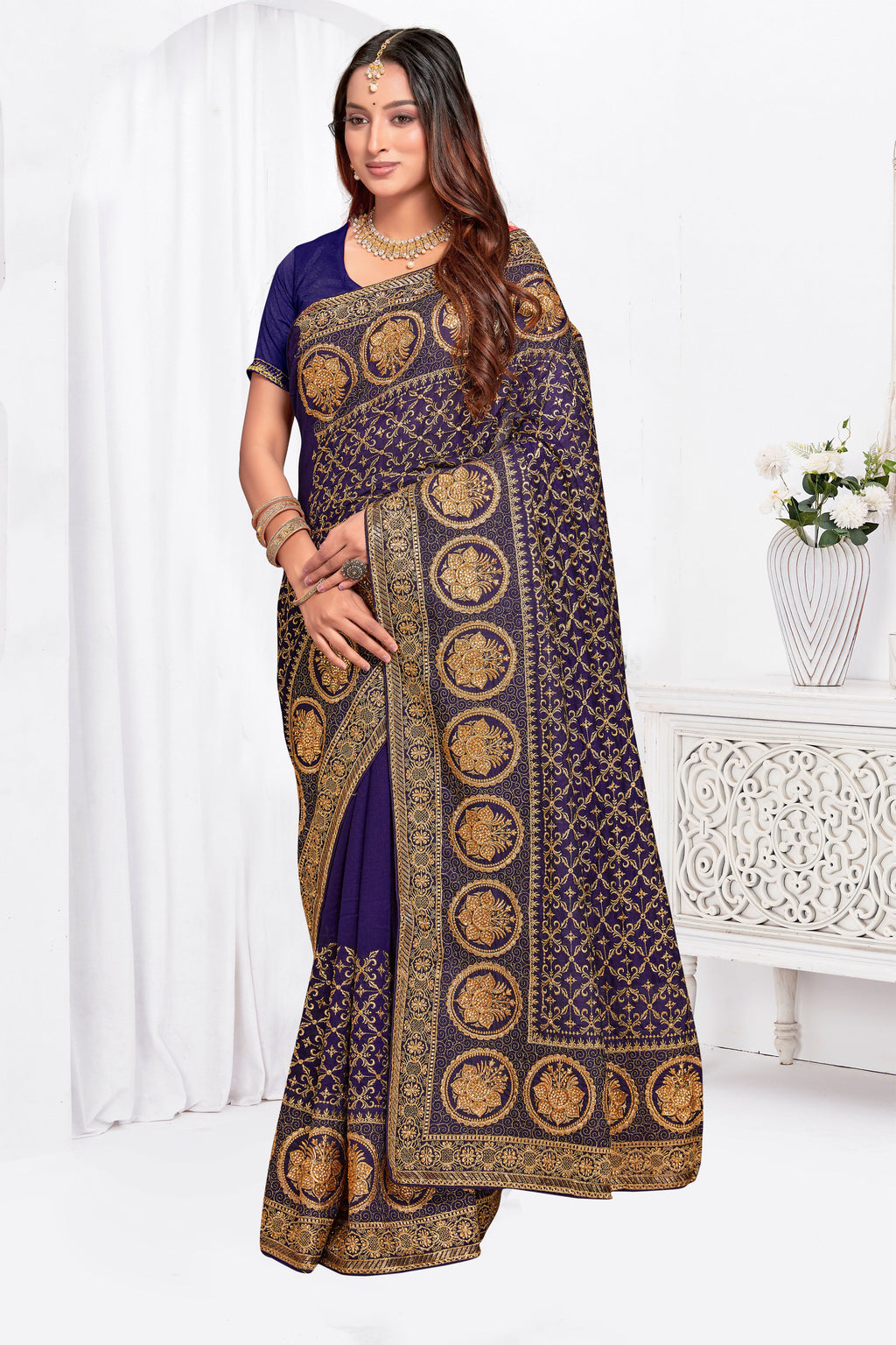 Royal Nevi Blue Vichitra Blooming Silk Saree | Heavy Jari Embroidery with Stone Work Blouse
