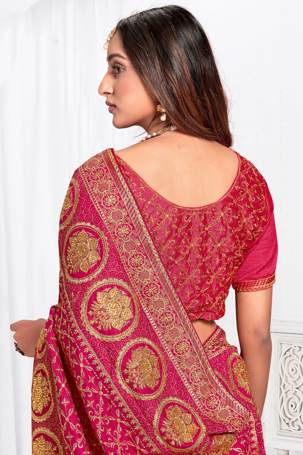 Vibrant Rani Pink Vichitra Blooming Silk Saree | Heavy Jari Embroidery with Stone Work Blouse