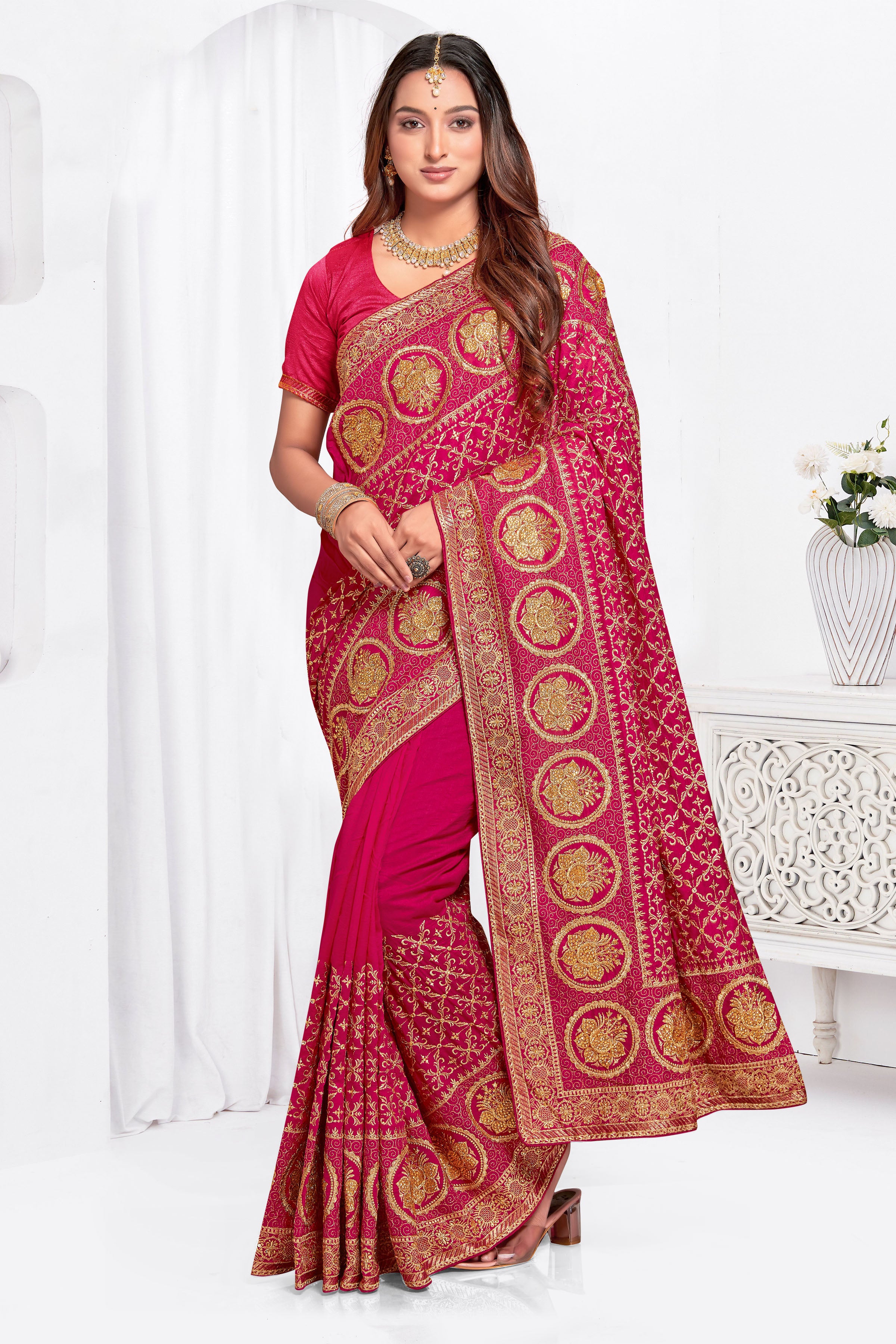 Vibrant Rani Pink Vichitra Blooming Silk Saree | Heavy Jari Embroidery with Stone Work Blouse