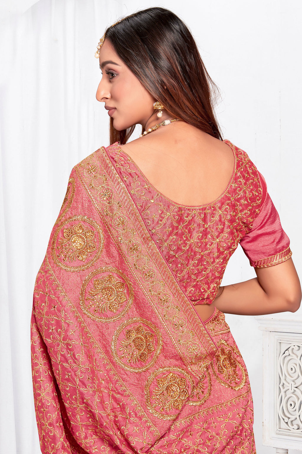 Soft Peach Vichitra Blooming Silk Saree | Heavy Jari Embroidery with Stone Work Blouse
