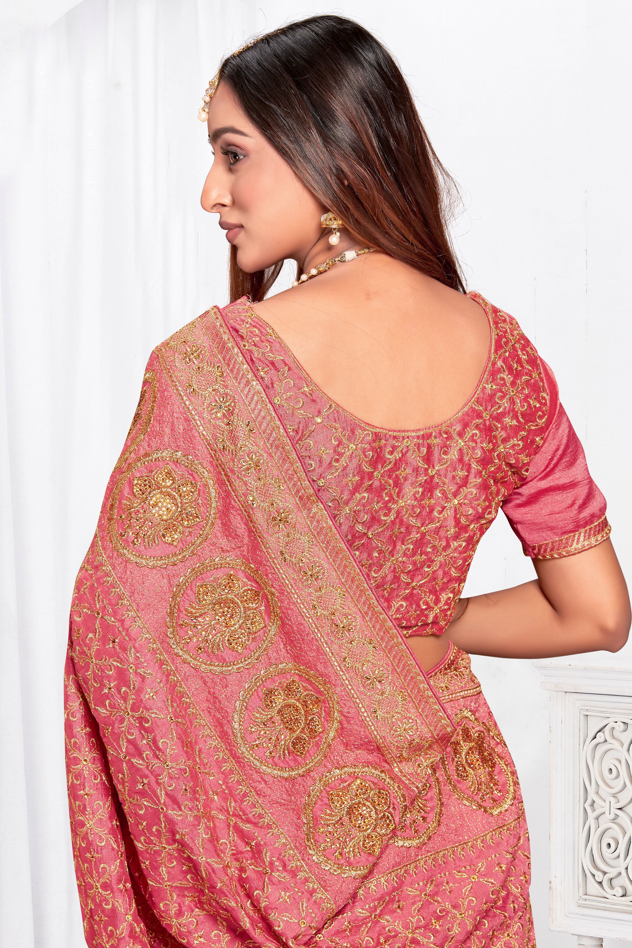 Soft Peach Vichitra Blooming Silk Saree | Heavy Jari Embroidery with Stone Work Blouse