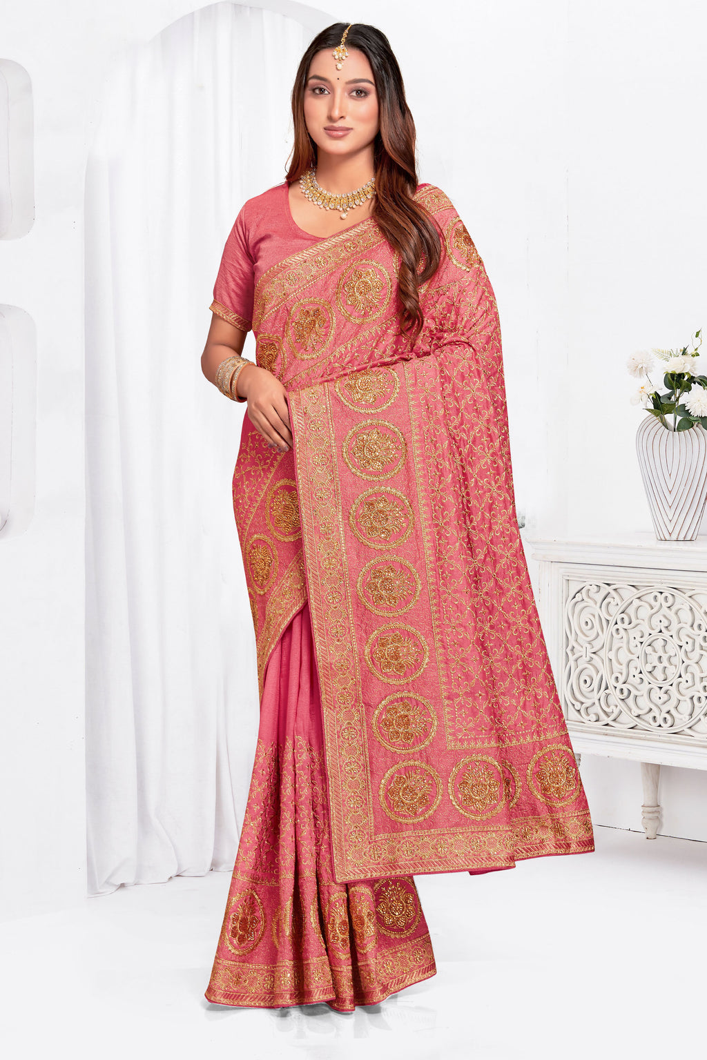 Soft Peach Vichitra Blooming Silk Saree | Heavy Jari Embroidery with Stone Work Blouse