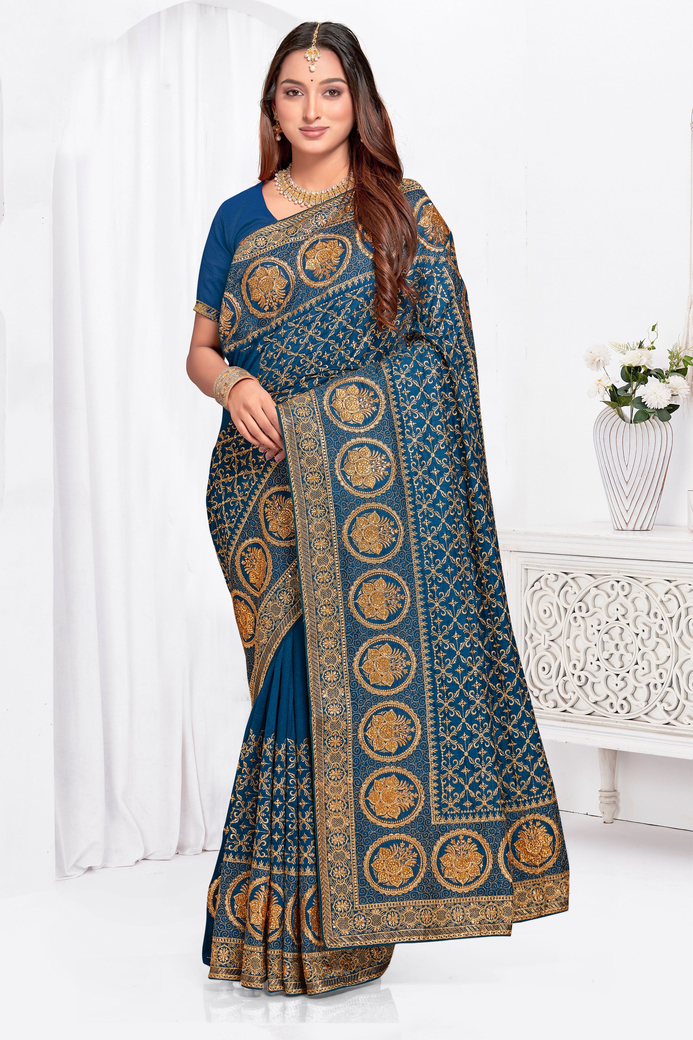 Dusky Morpech Vichitra Blooming Silk Saree | Heavy Jari Embroidery with Stone Work Blouse