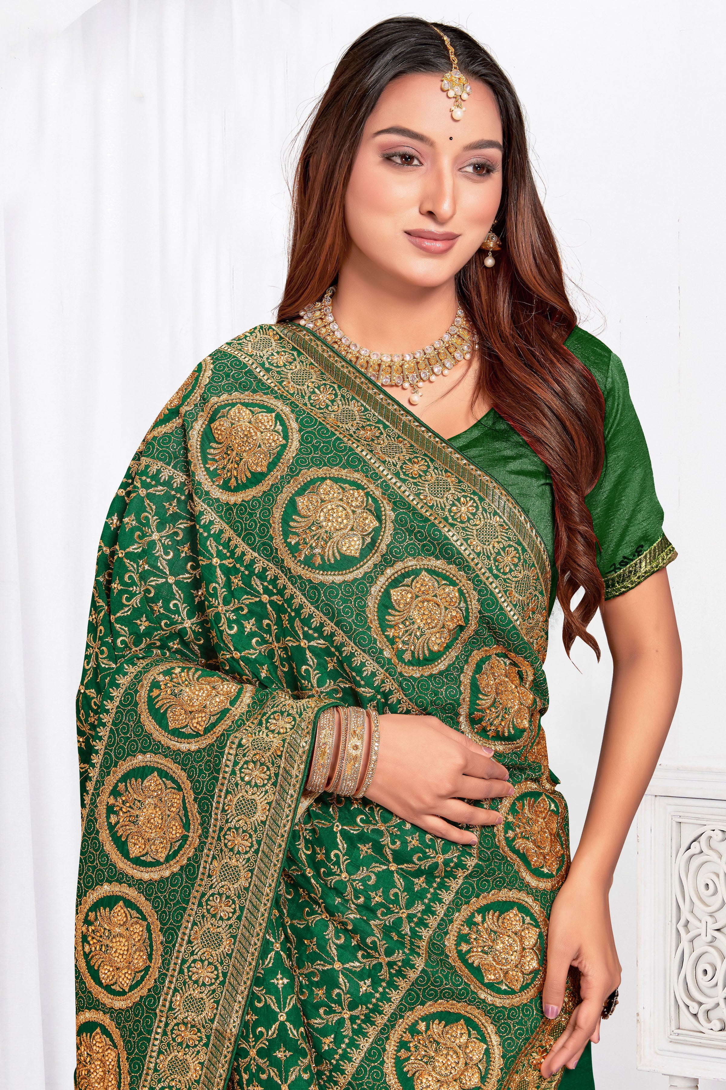 Rich Bottle Green Vichitra Blooming Silk Saree | Heavy Jari Embroidery with Stone Work Blouse