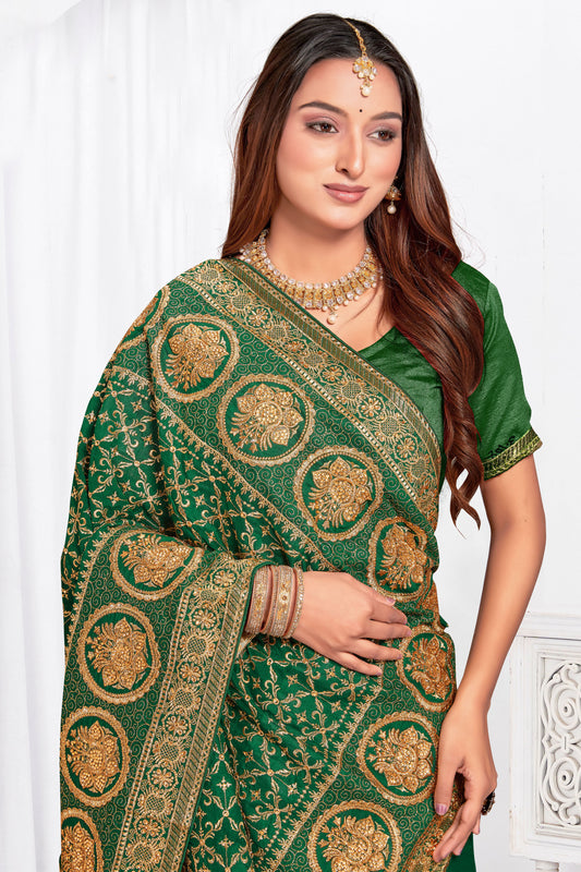 Rich Bottle Green Vichitra Blooming Silk Saree | Heavy Jari Embroidery with Stone Work Blouse
