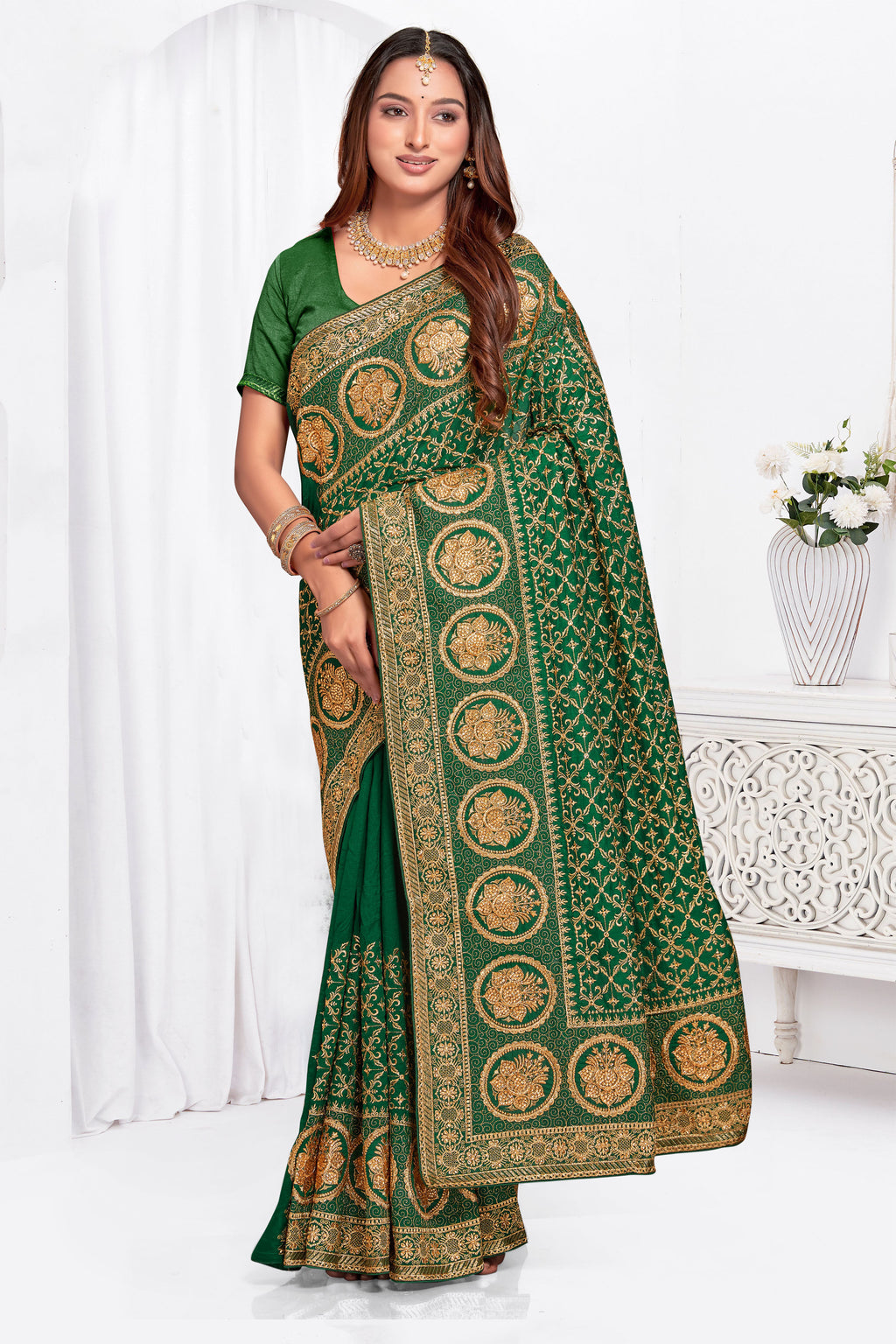 Rich Bottle Green Vichitra Blooming Silk Saree | Heavy Jari Embroidery with Stone Work Blouse