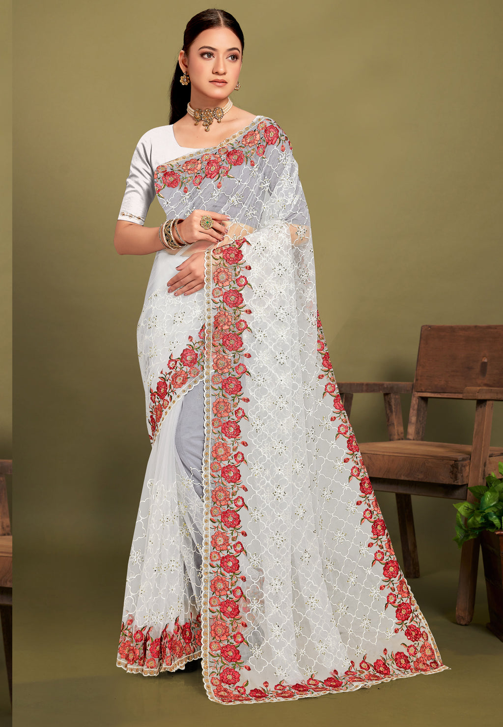 Ethereal White Net Saree | Timeless Elegance with Subtle Sheen