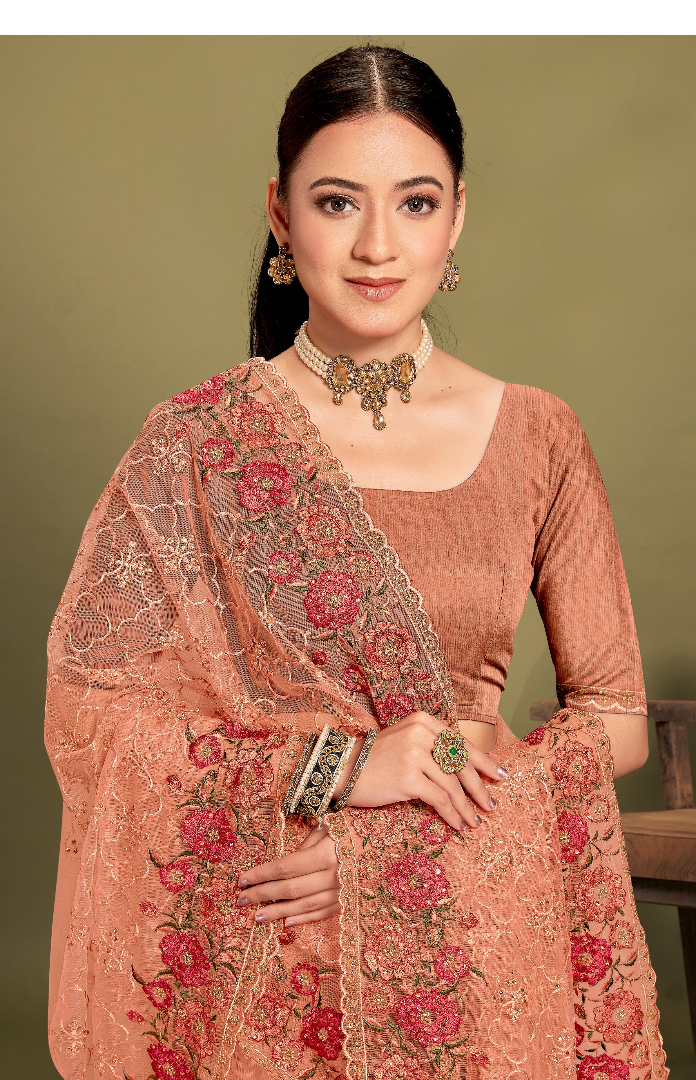 Subtle Dusty Peach Net Saree | Understated Elegance with Modern Appeal