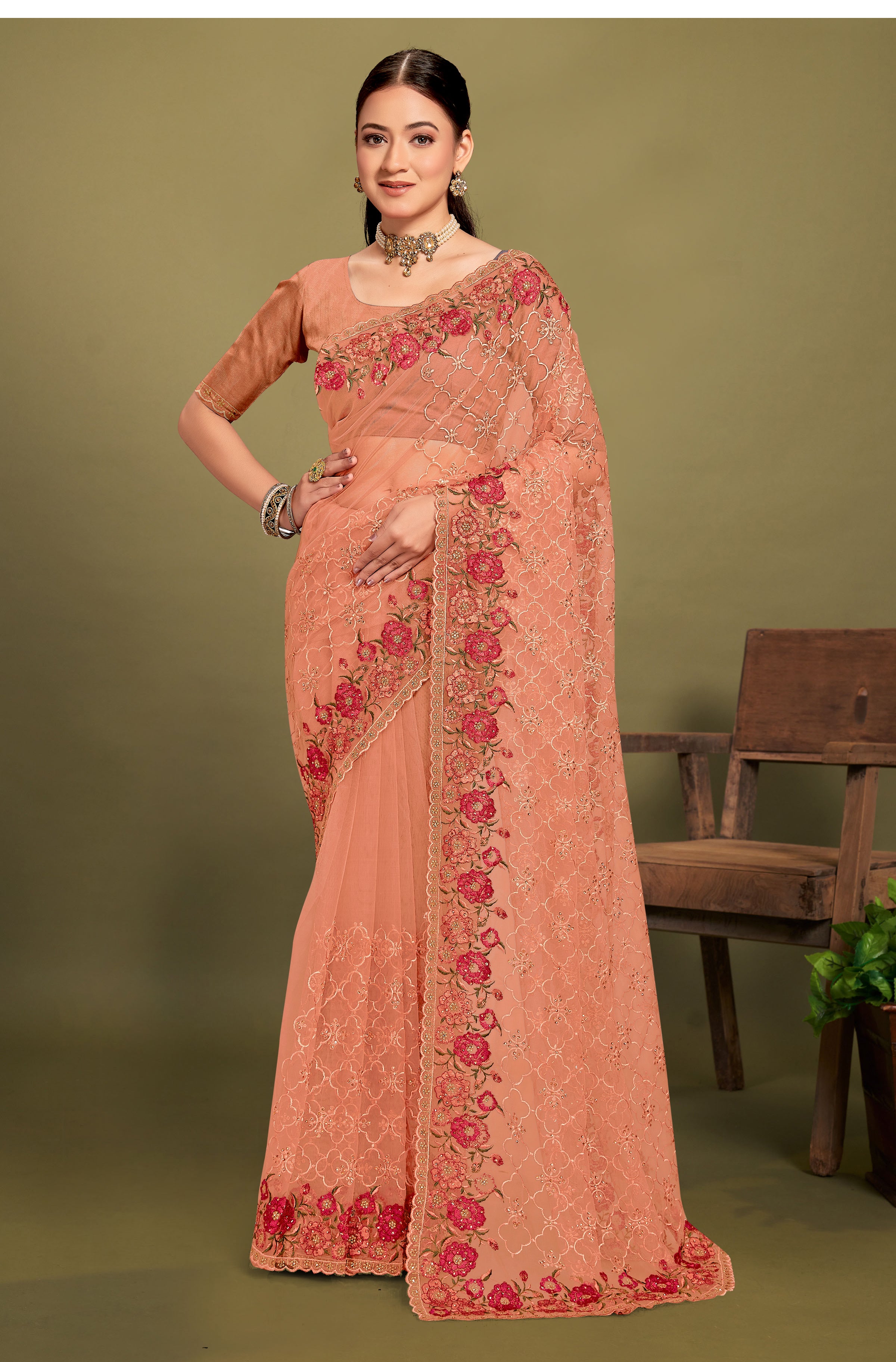 Subtle Dusty Peach Net Saree | Understated Elegance with Modern Appeal