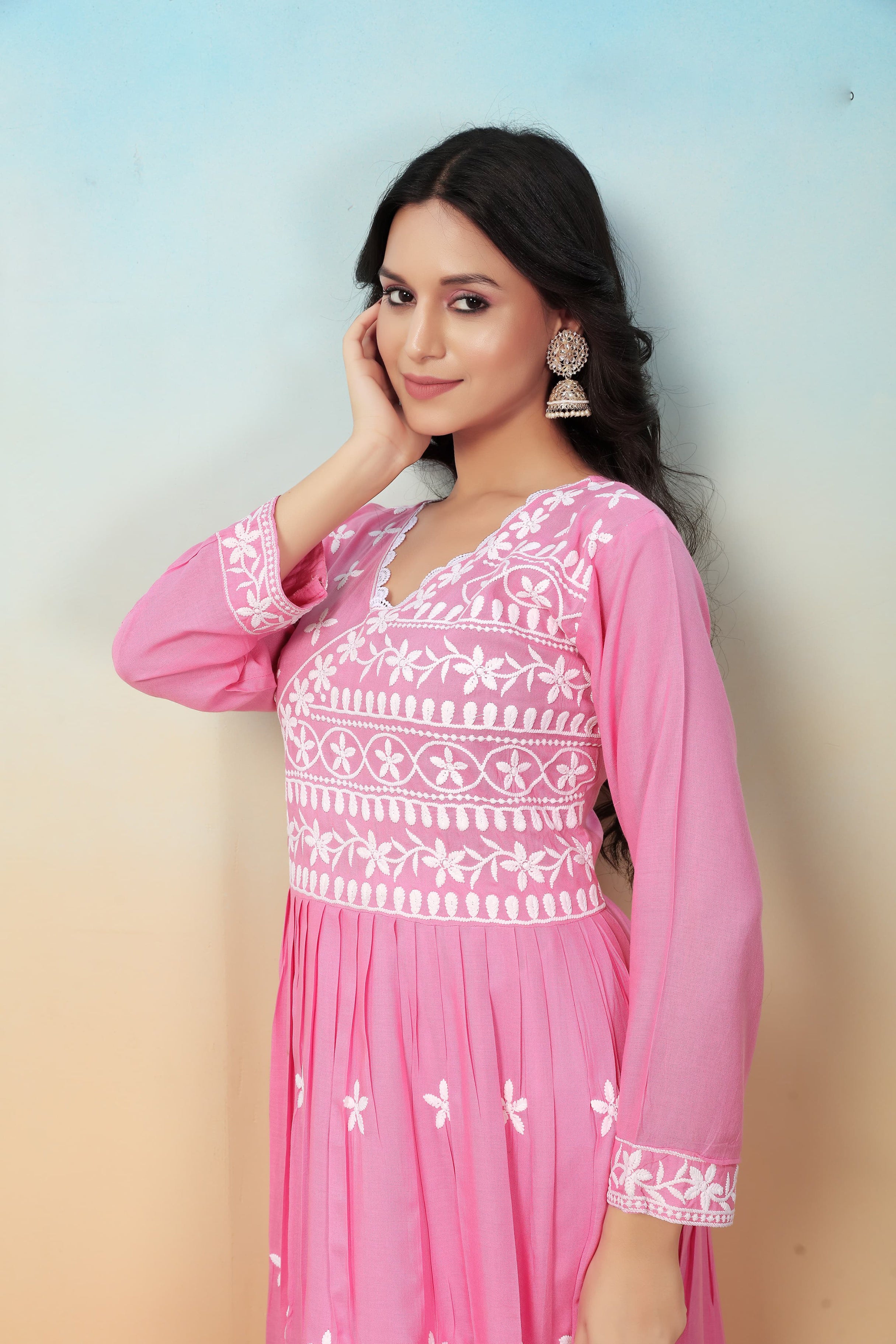Blush Pink Premium Heavy Rayon Gown | Timeless Chikankari Embroidery Couture