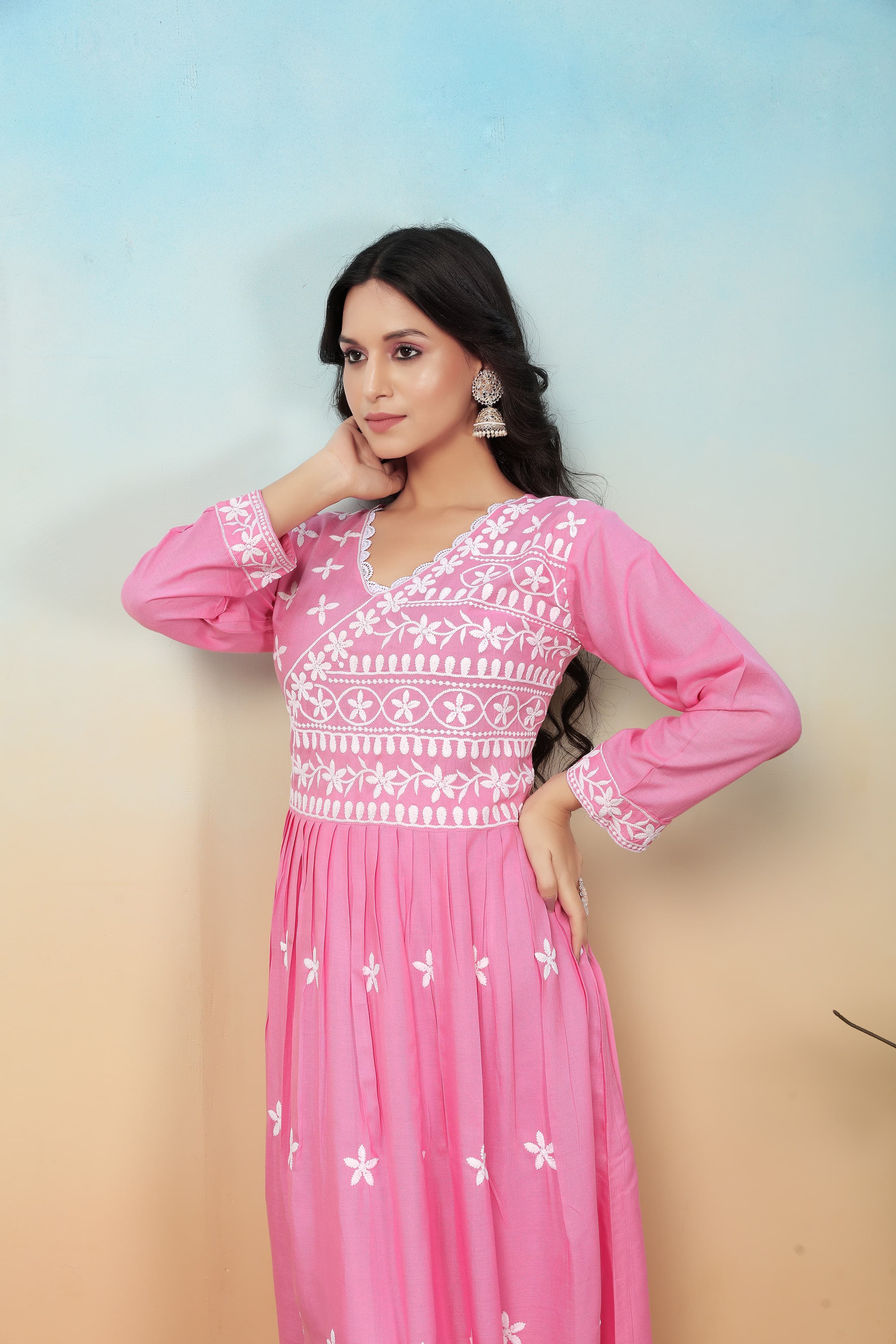 Blush Pink Premium Heavy Rayon Gown | Timeless Chikankari Embroidery Couture