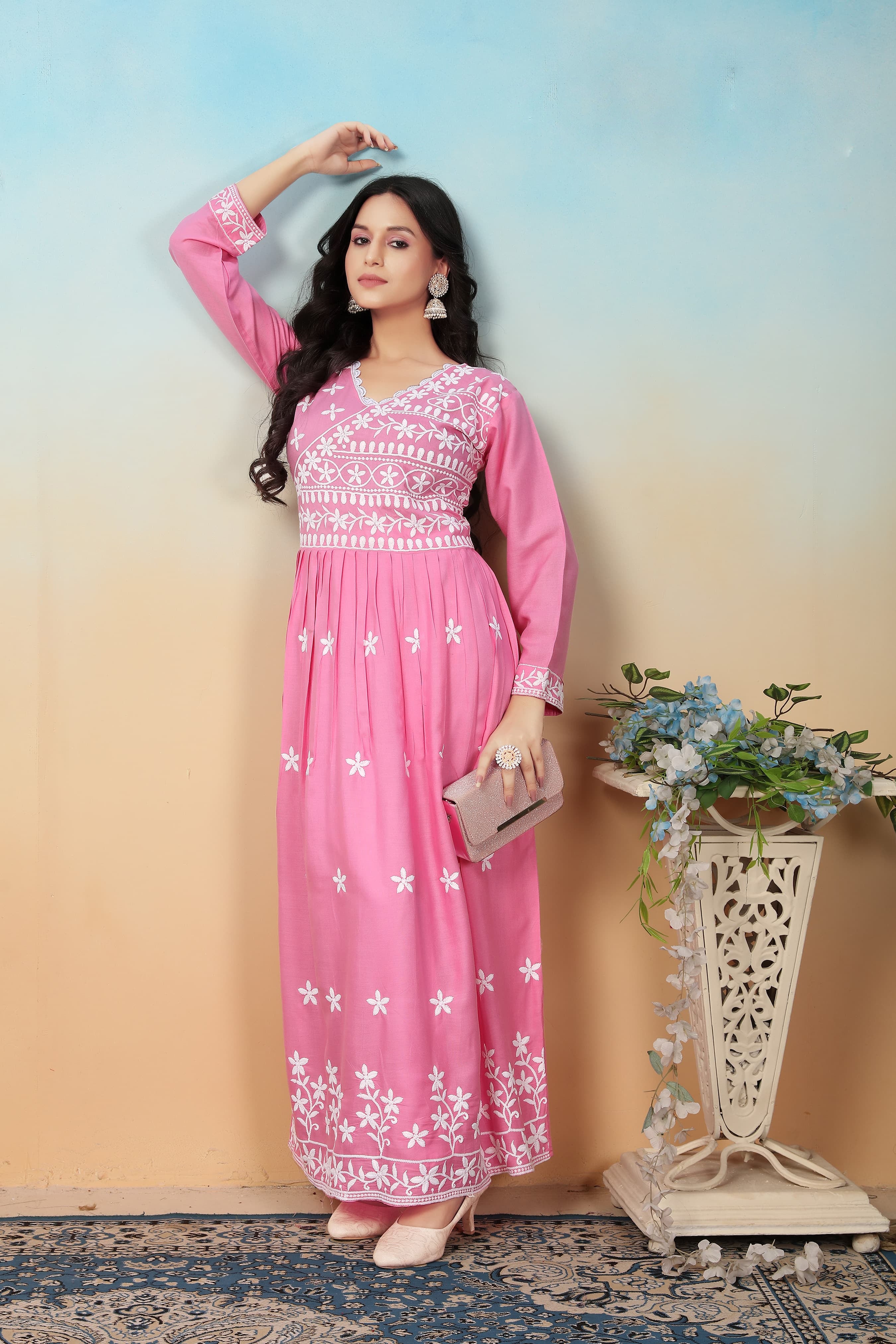 Blush Pink Premium Heavy Rayon Gown | Timeless Chikankari Embroidery Couture