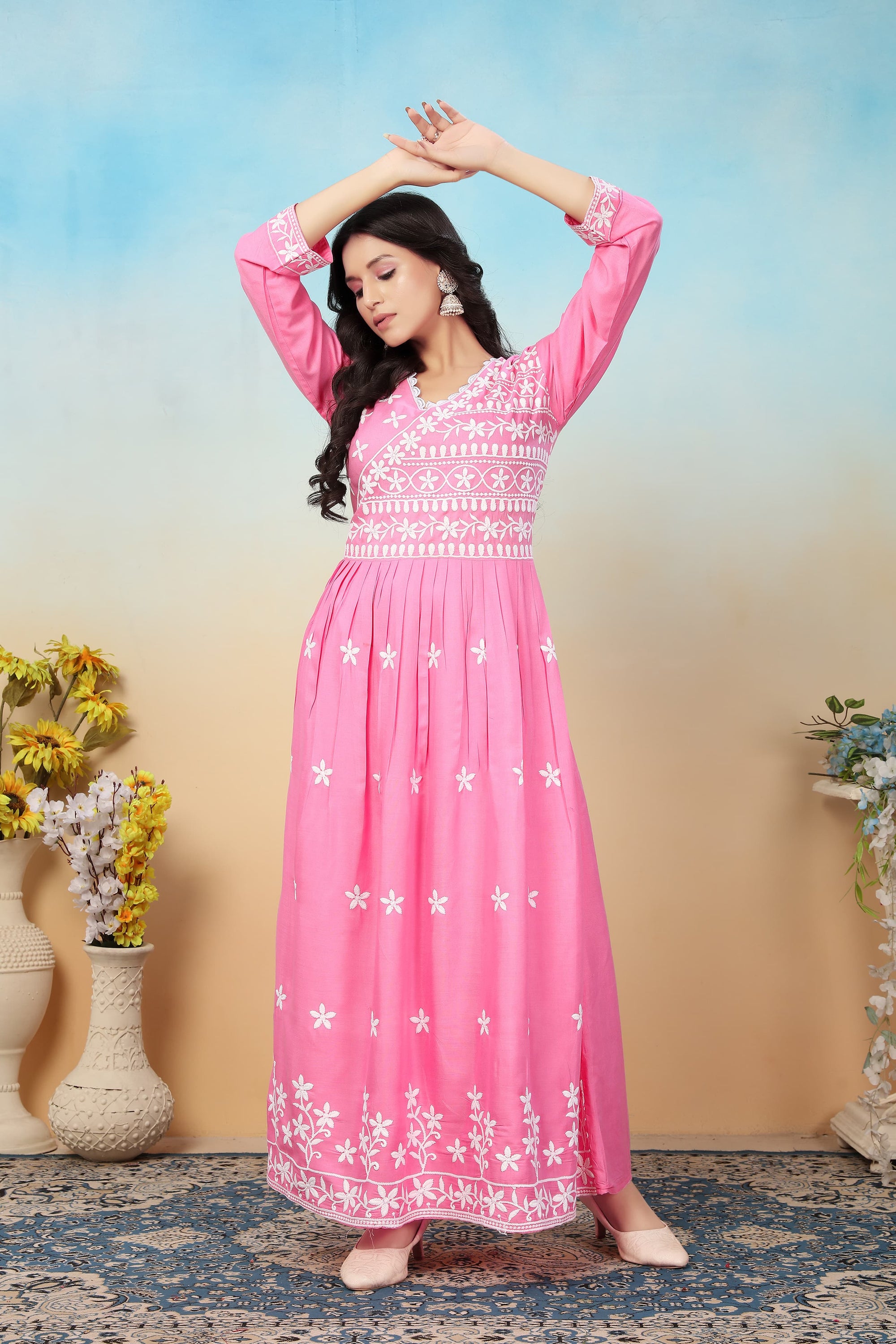 Blush Pink Premium Heavy Rayon Gown | Timeless Chikankari Embroidery Couture