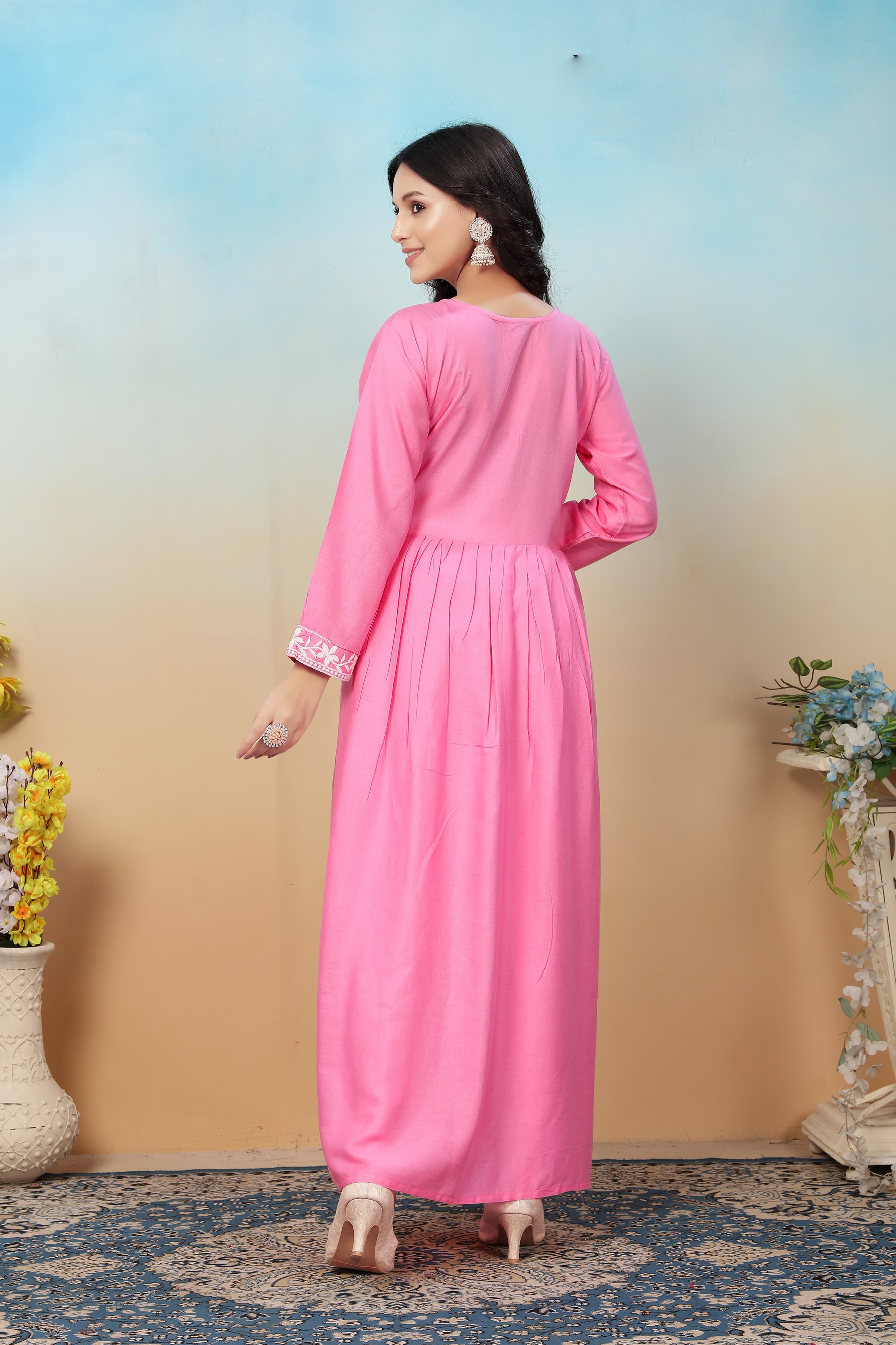 Blush Pink Premium Heavy Rayon Gown | Timeless Chikankari Embroidery Couture