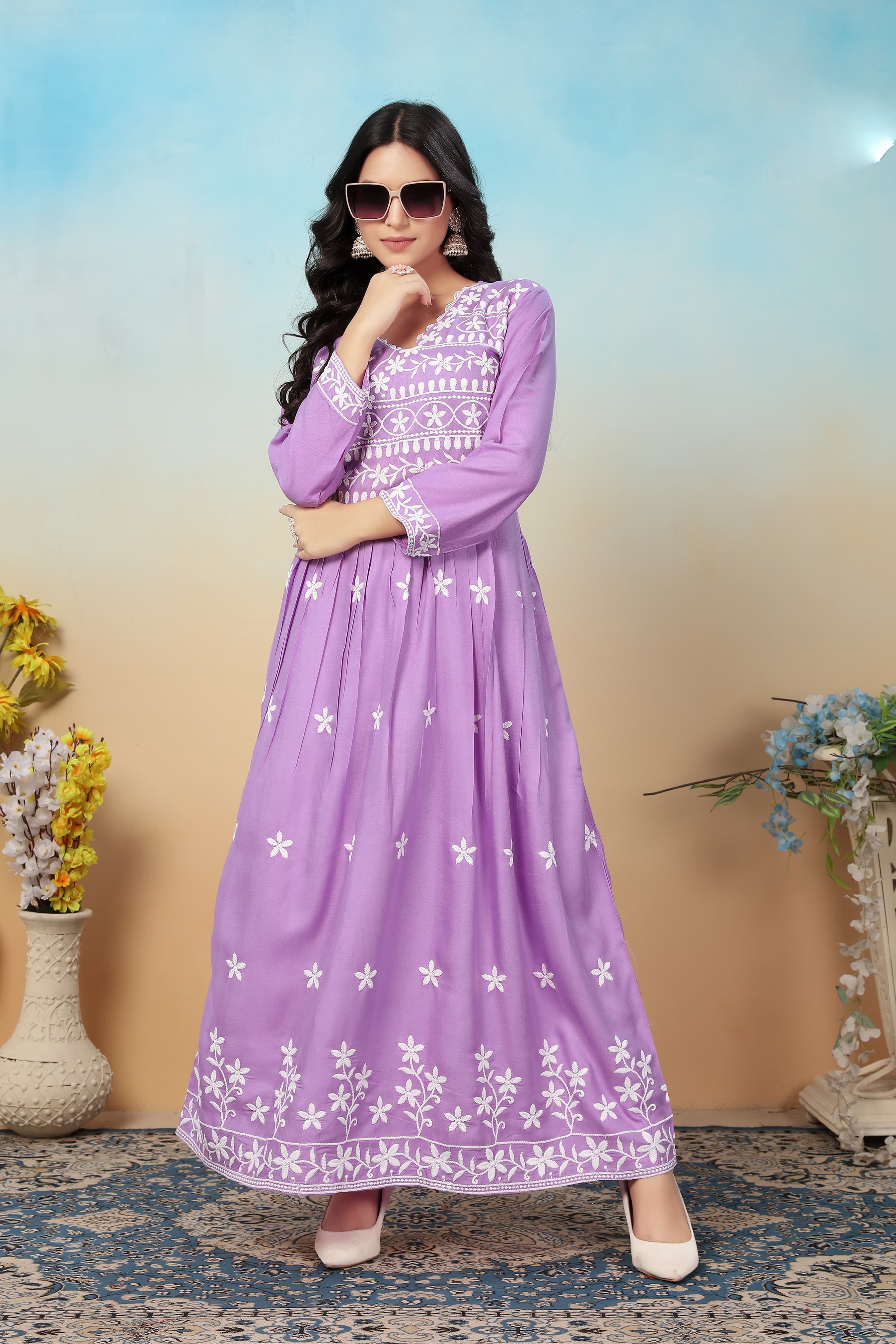 Lavender Premium Heavy Rayon Gown | Timeless Chikankari Embroidery Couture