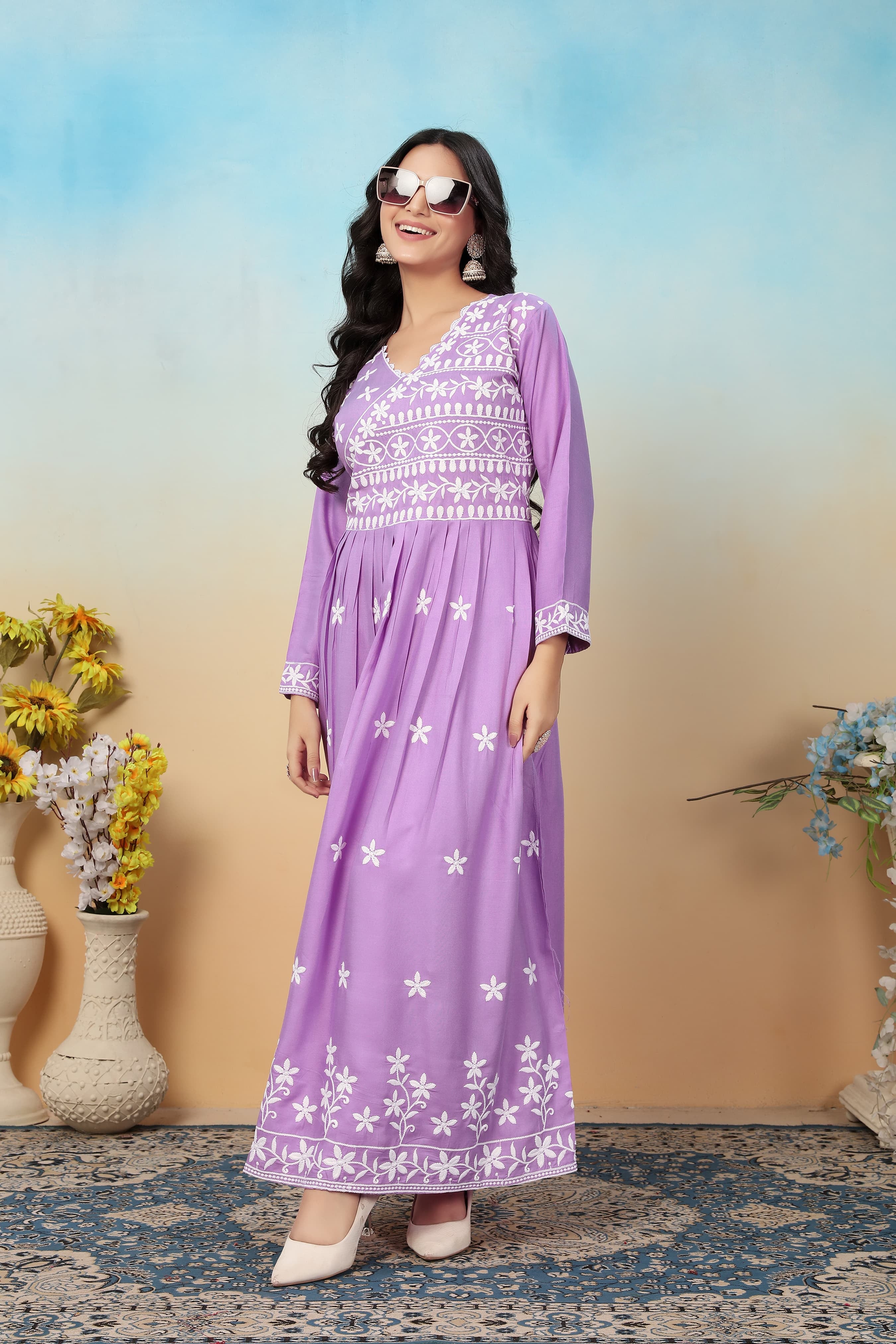 Lavender Premium Heavy Rayon Gown | Timeless Chikankari Embroidery Couture
