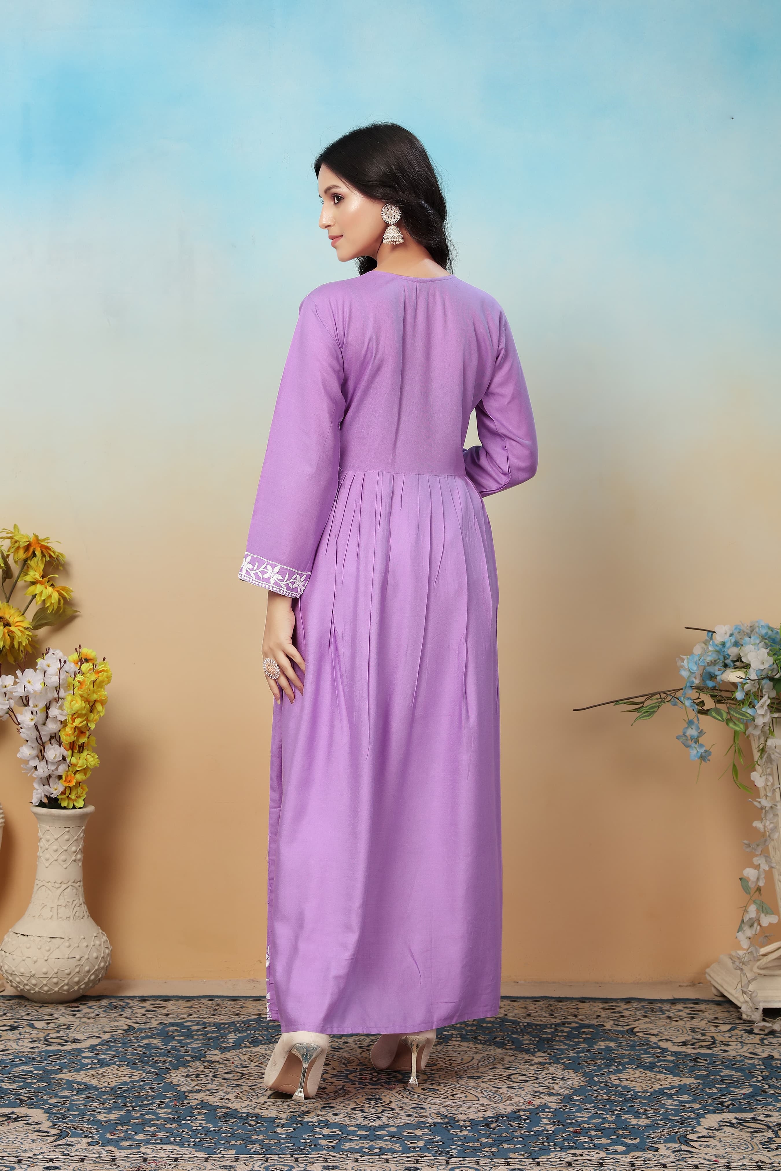 Lavender Premium Heavy Rayon Gown | Timeless Chikankari Embroidery Couture