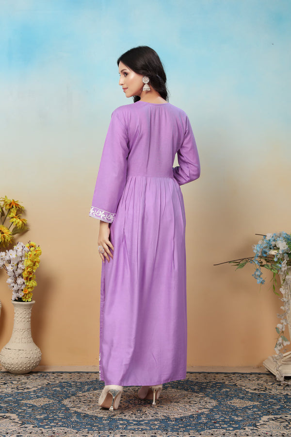 Lavender Premium Heavy Rayon Gown | Timeless Chikankari Embroidery Couture