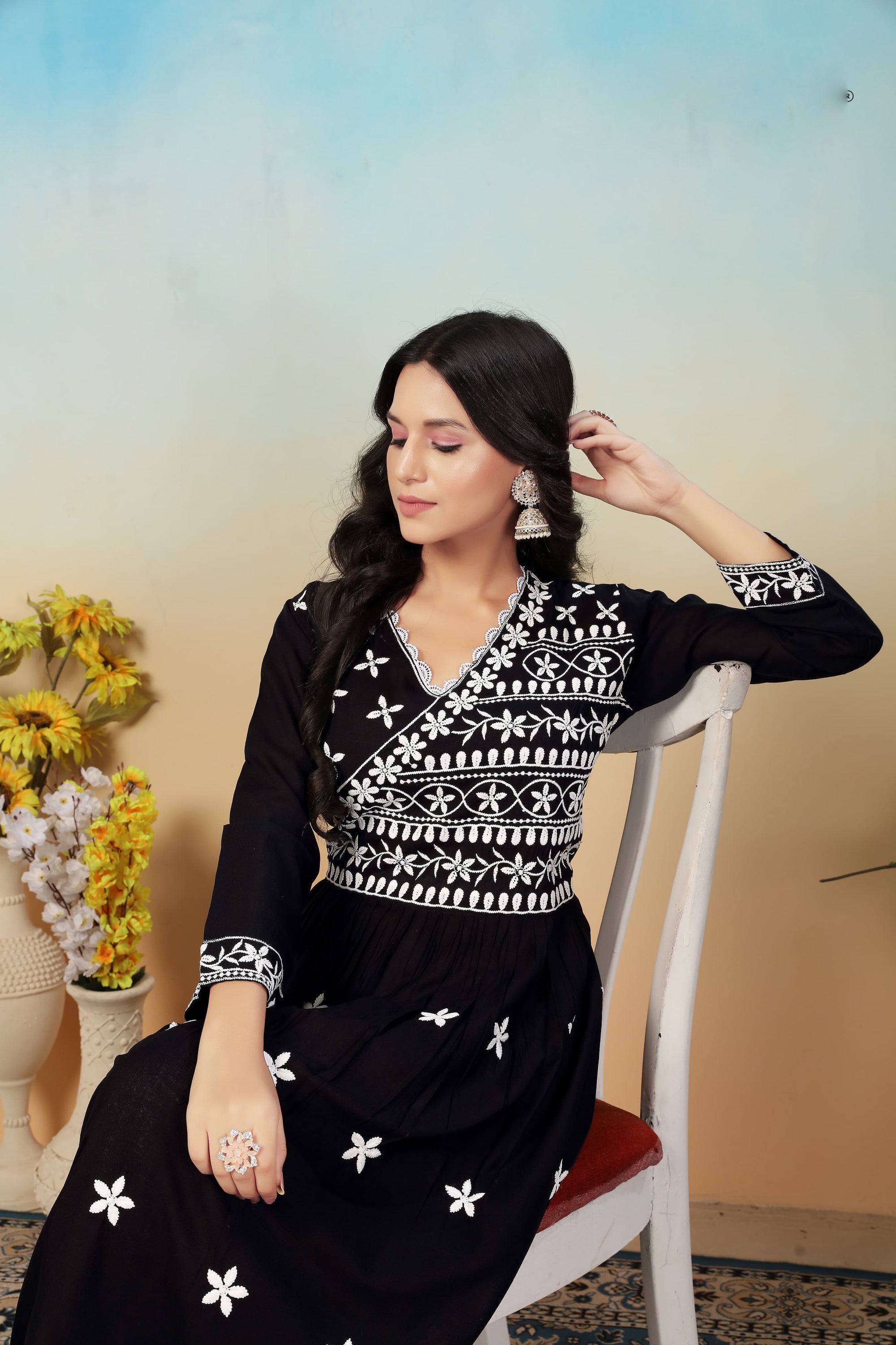 Classic Black Premium Heavy Rayon Gown | Timeless Chikankari Embroidery Couture