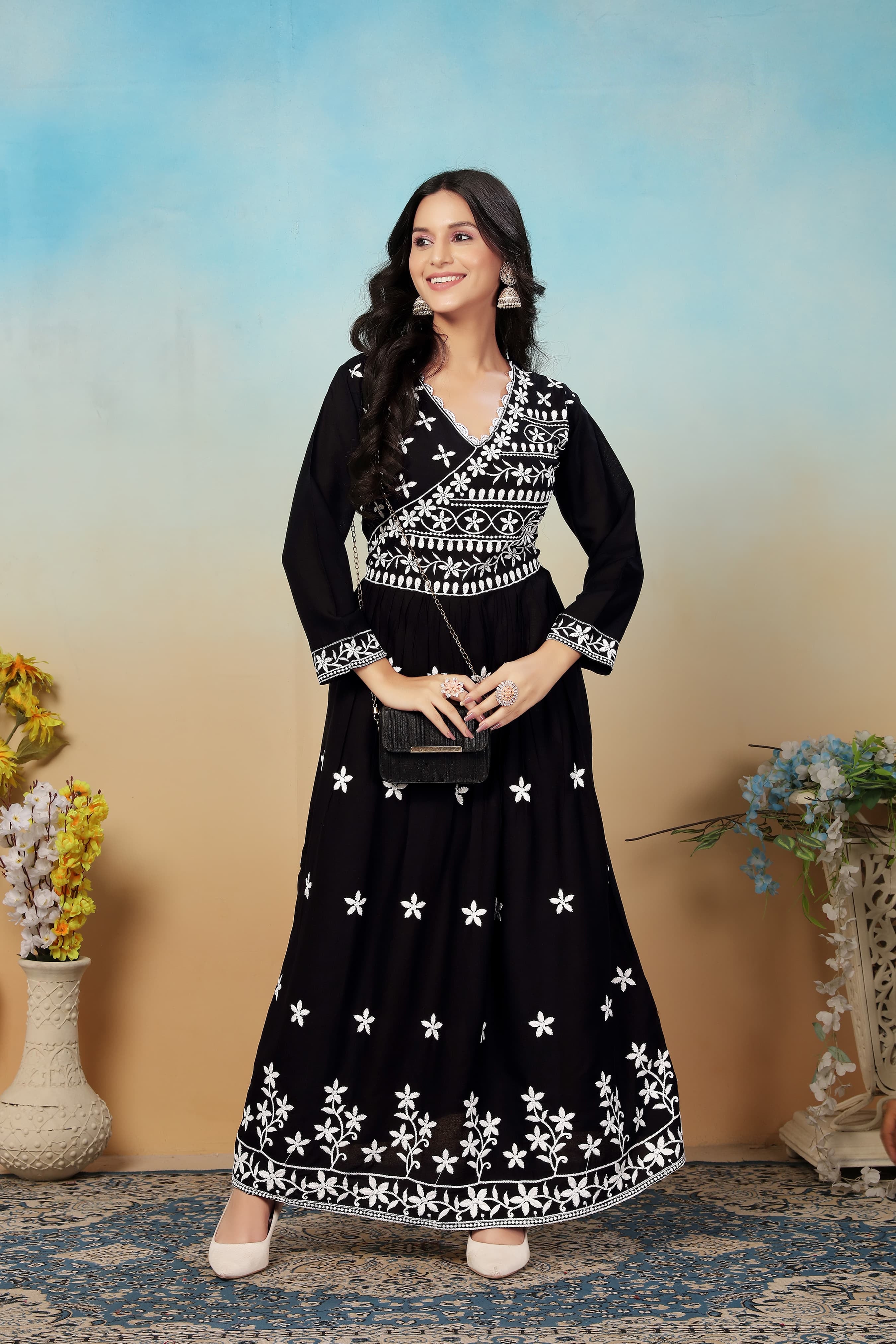 Classic Black Premium Heavy Rayon Gown | Timeless Chikankari Embroidery Couture