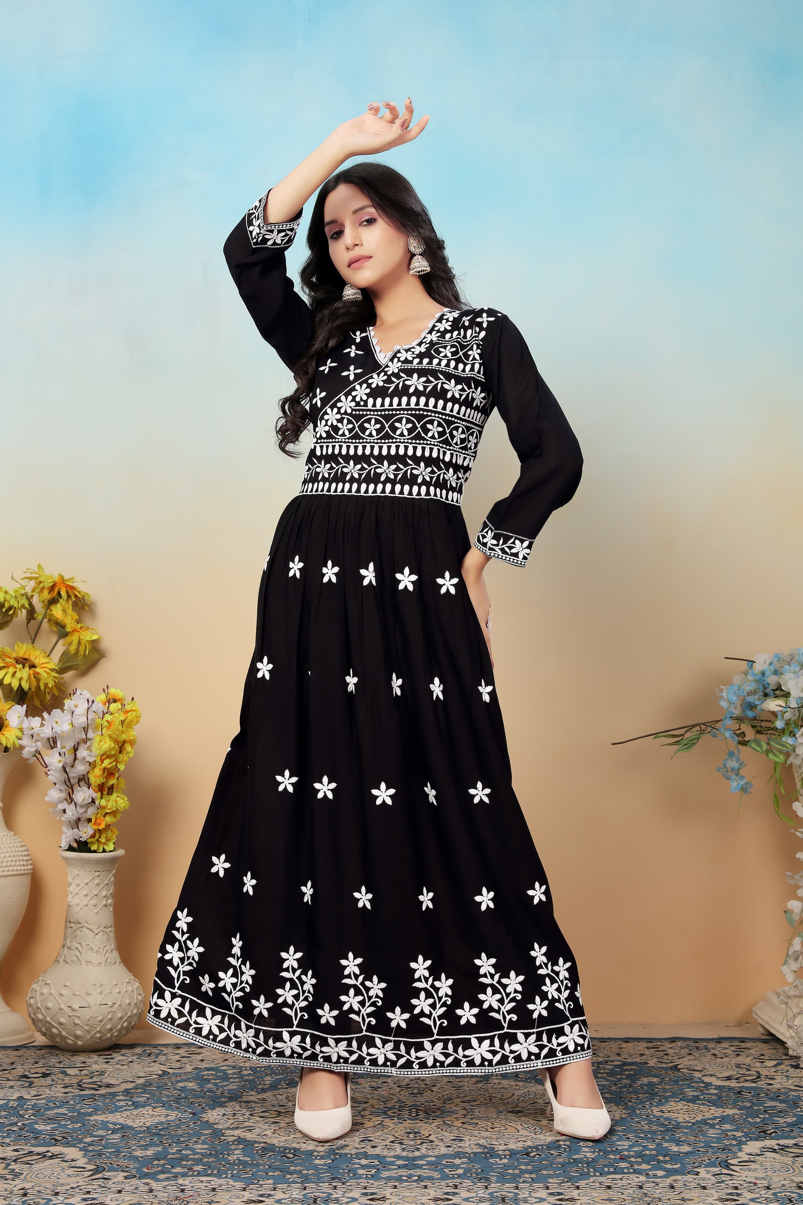 Classic Black Premium Heavy Rayon Gown | Timeless Chikankari Embroidery Couture