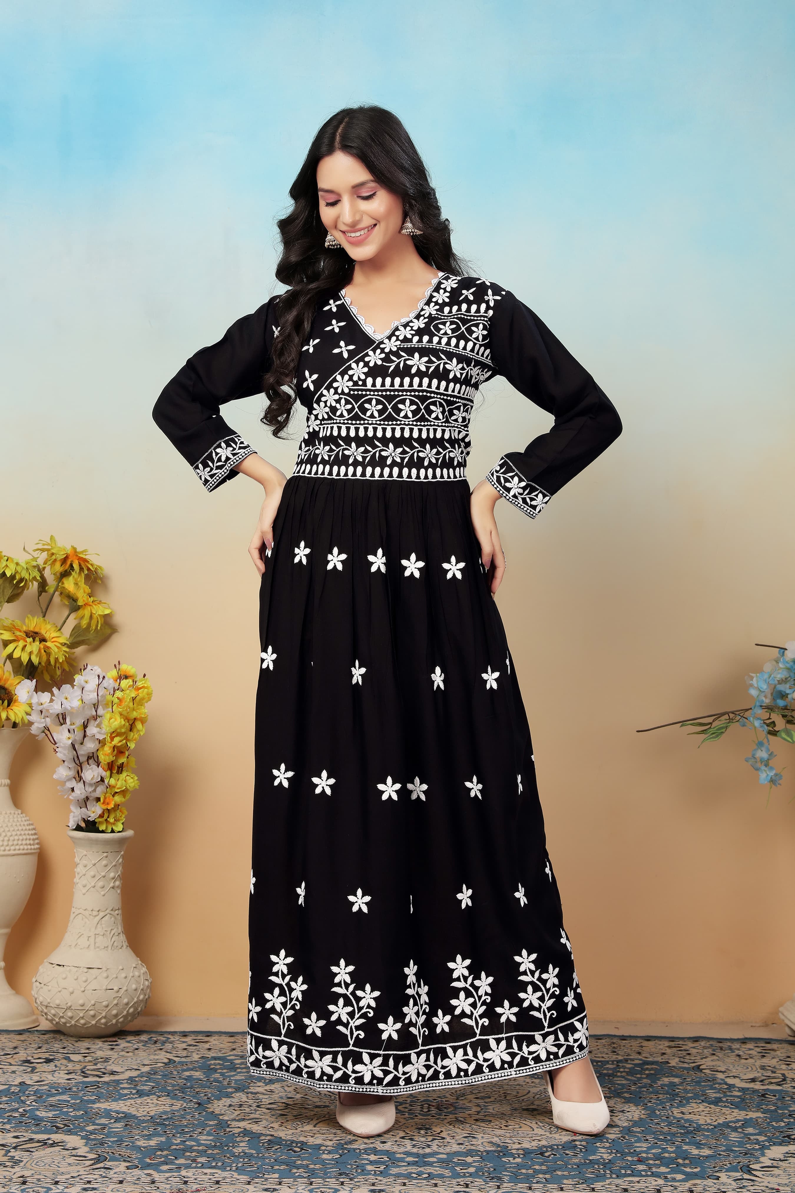 Classic Black Premium Heavy Rayon Gown | Timeless Chikankari Embroidery Couture