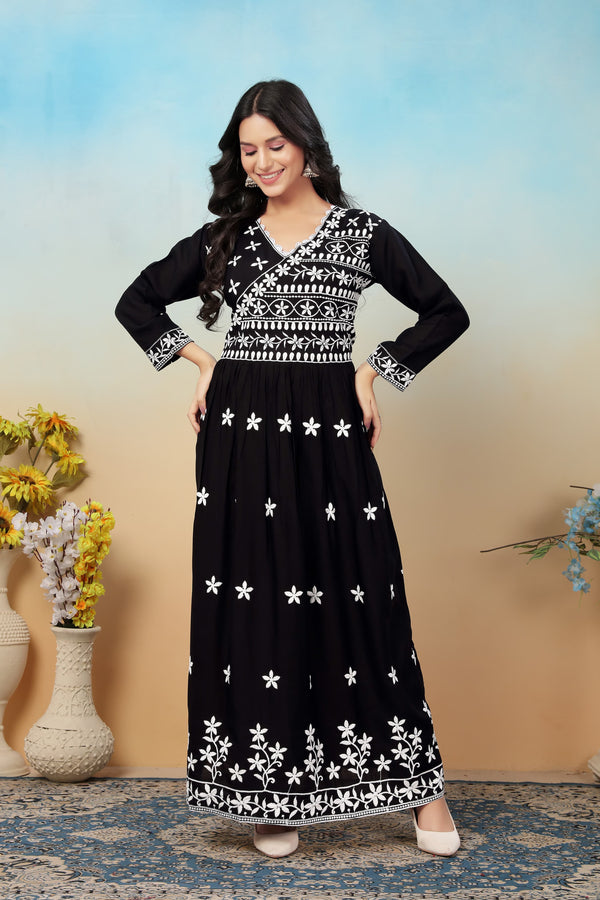 Classic Black Premium Heavy Rayon Gown | Timeless Chikankari Embroidery Couture