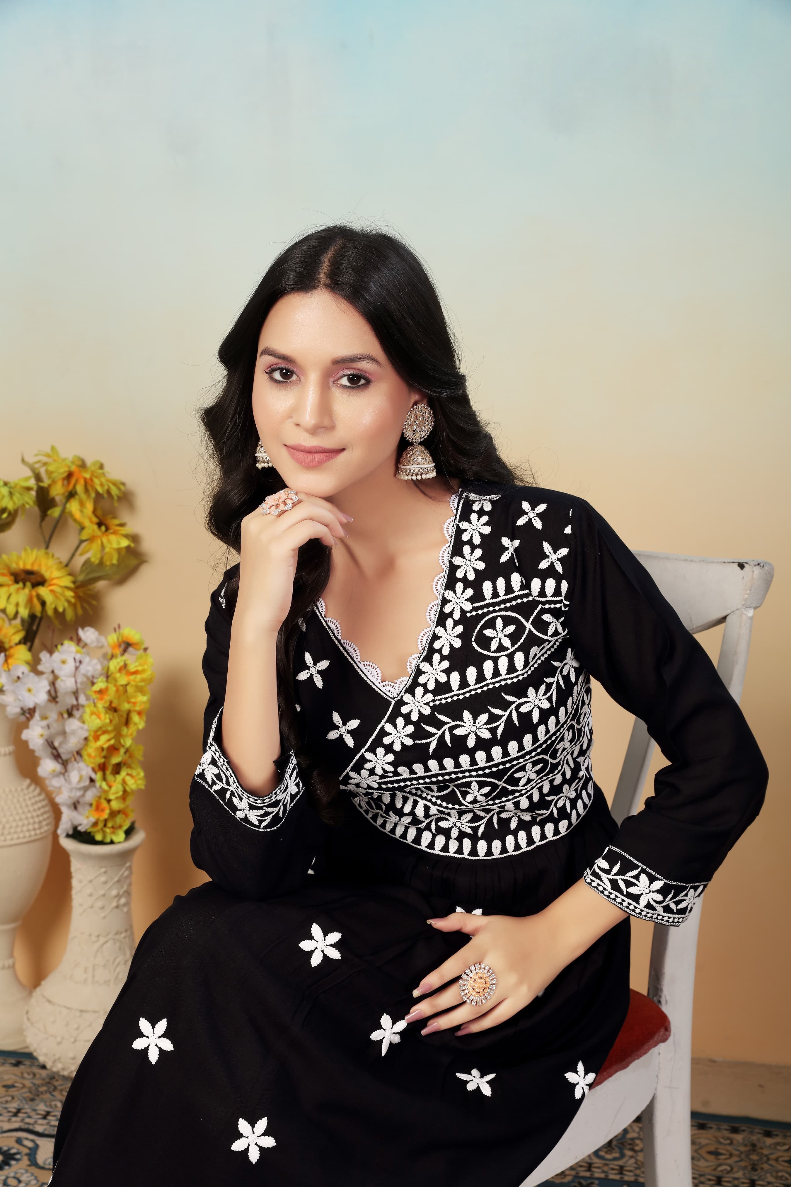 Classic Black Premium Heavy Rayon Gown | Timeless Chikankari Embroidery Couture
