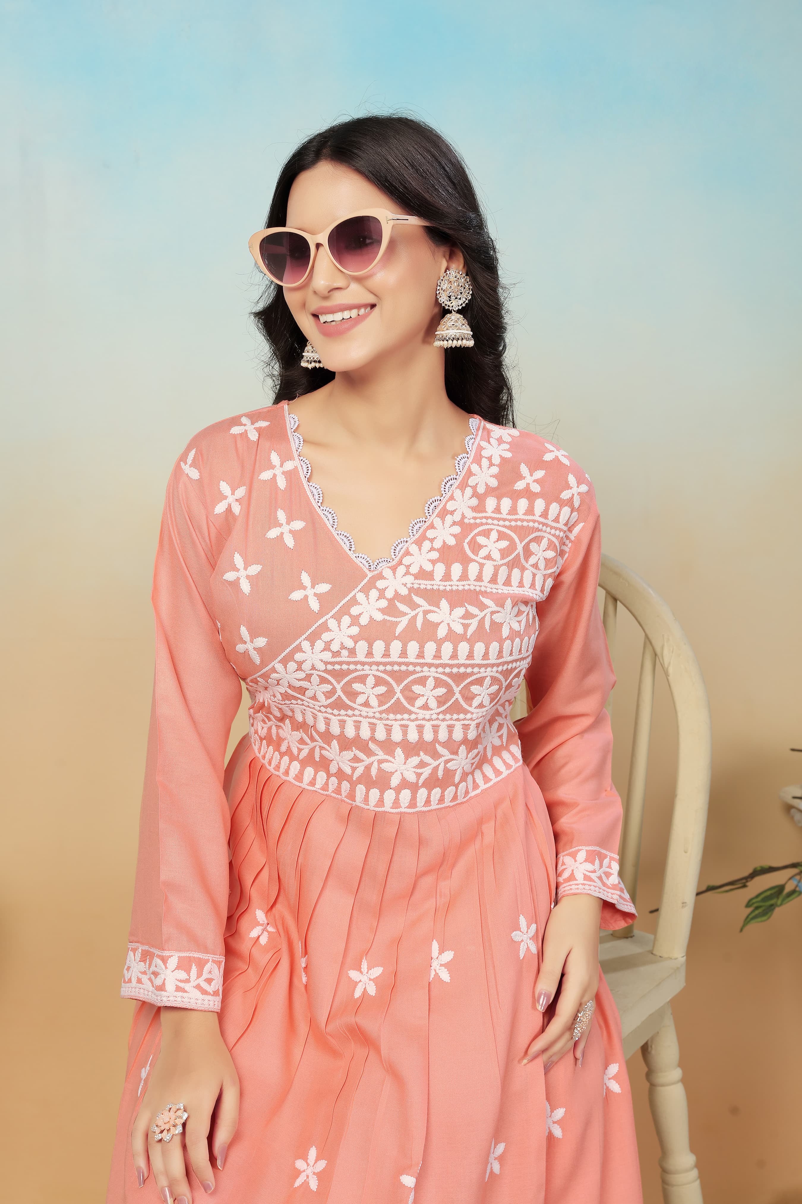Peach Premium Heavy Rayon Gown | Timeless Chikankari Embroidery Couture