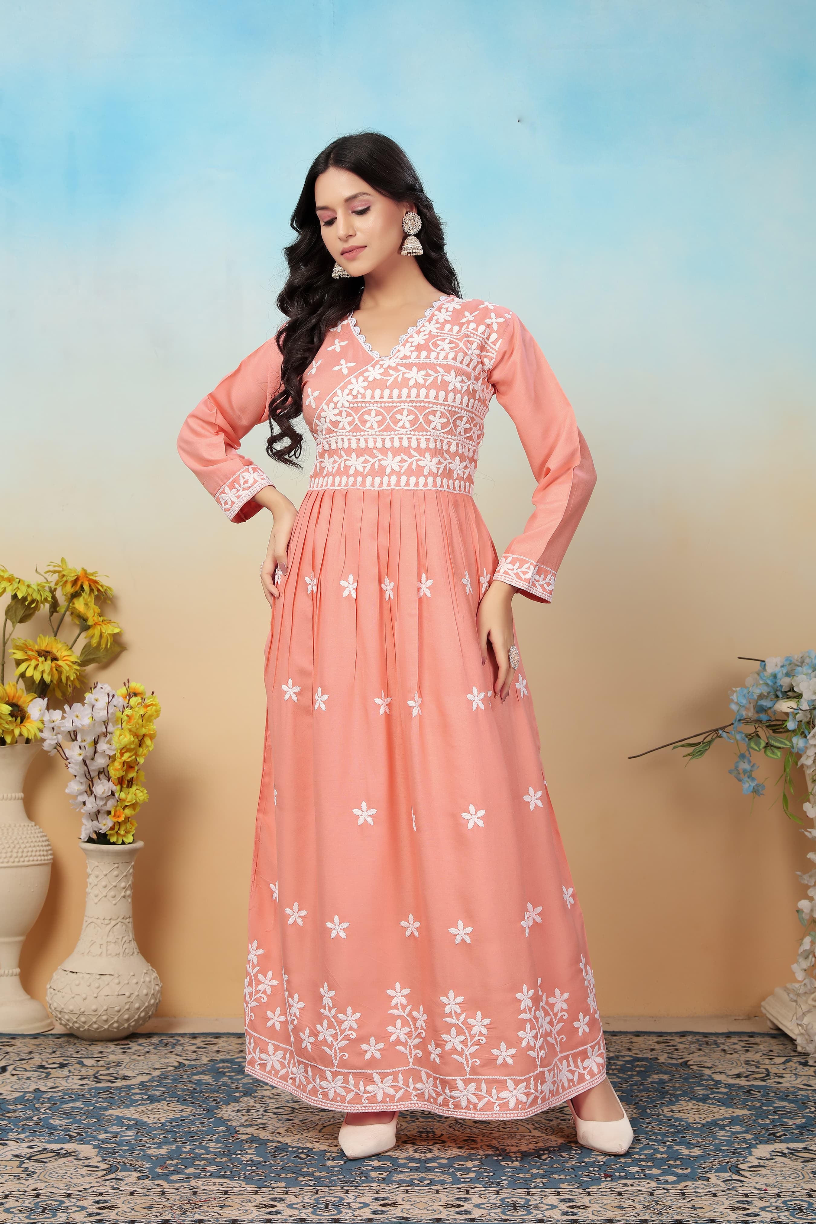 Peach Premium Heavy Rayon Gown | Timeless Chikankari Embroidery Couture