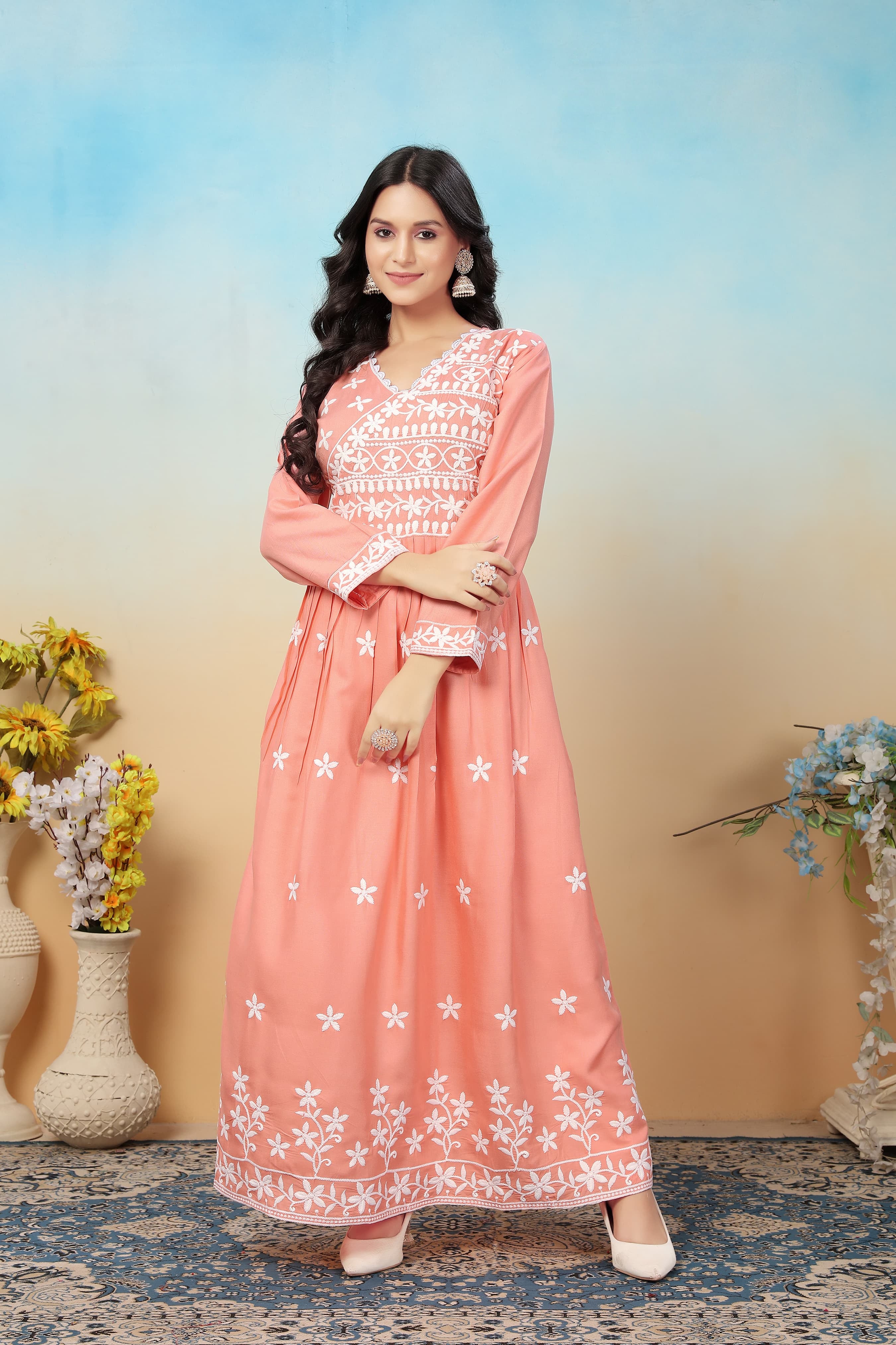 Peach Premium Heavy Rayon Gown | Timeless Chikankari Embroidery Couture