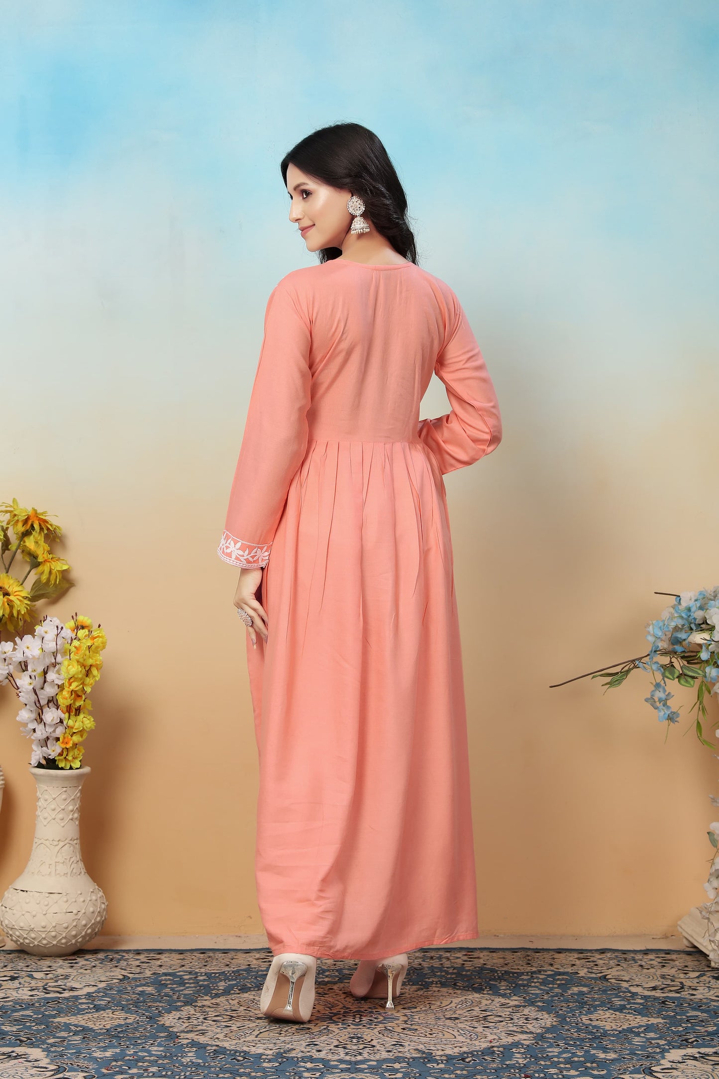 Peach Premium Heavy Rayon Gown | Timeless Chikankari Embroidery Couture