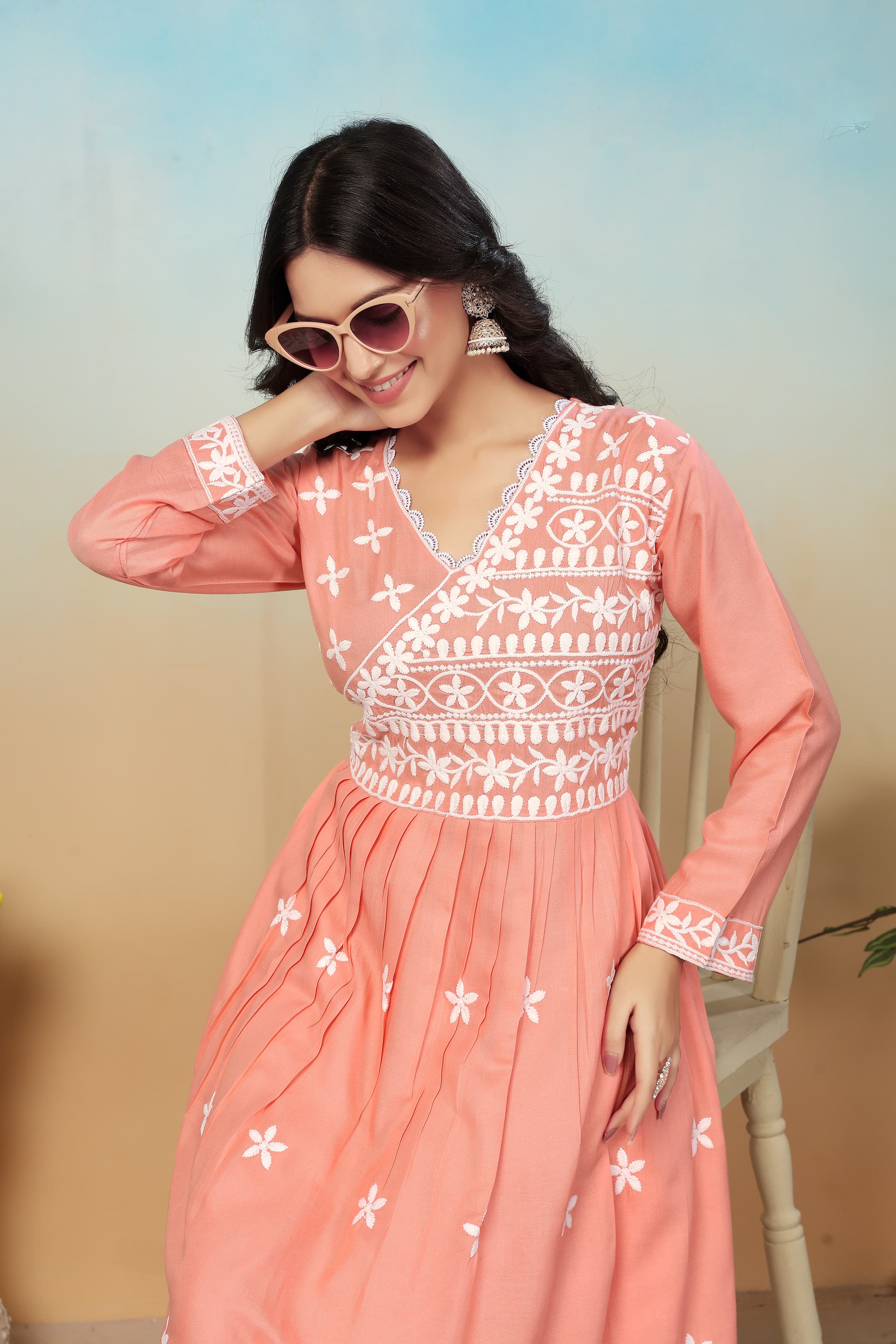 Peach Premium Heavy Rayon Gown | Timeless Chikankari Embroidery Couture
