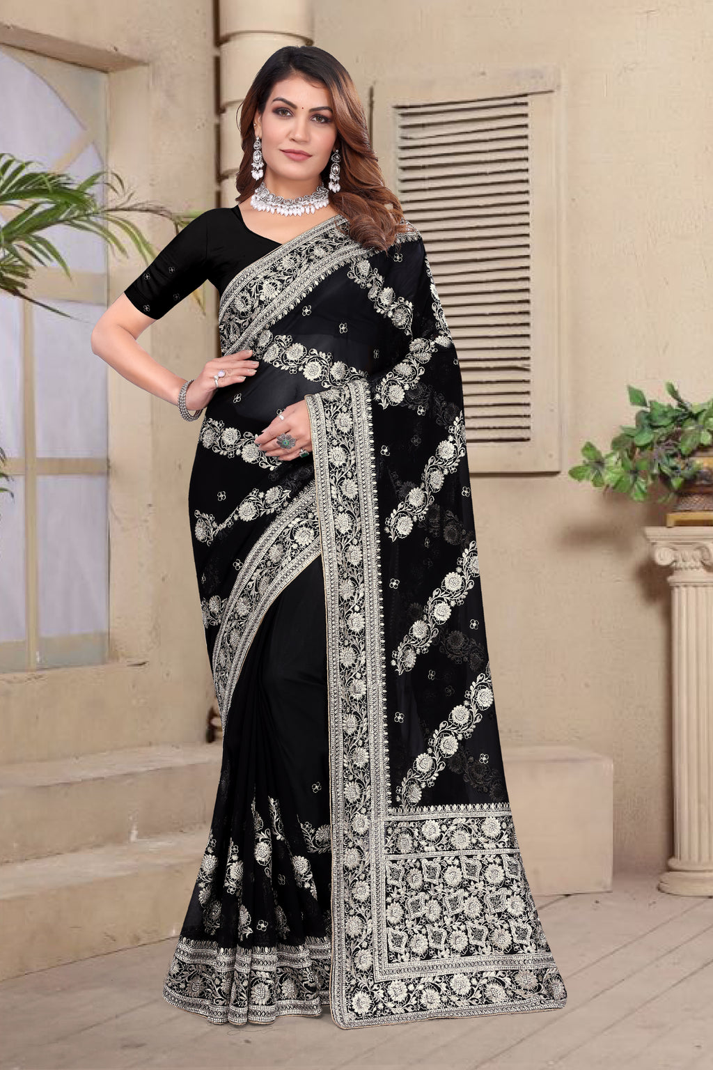 Black Georgette Saree | Heavy Resham & Jari Embroidery with Zarkan Work