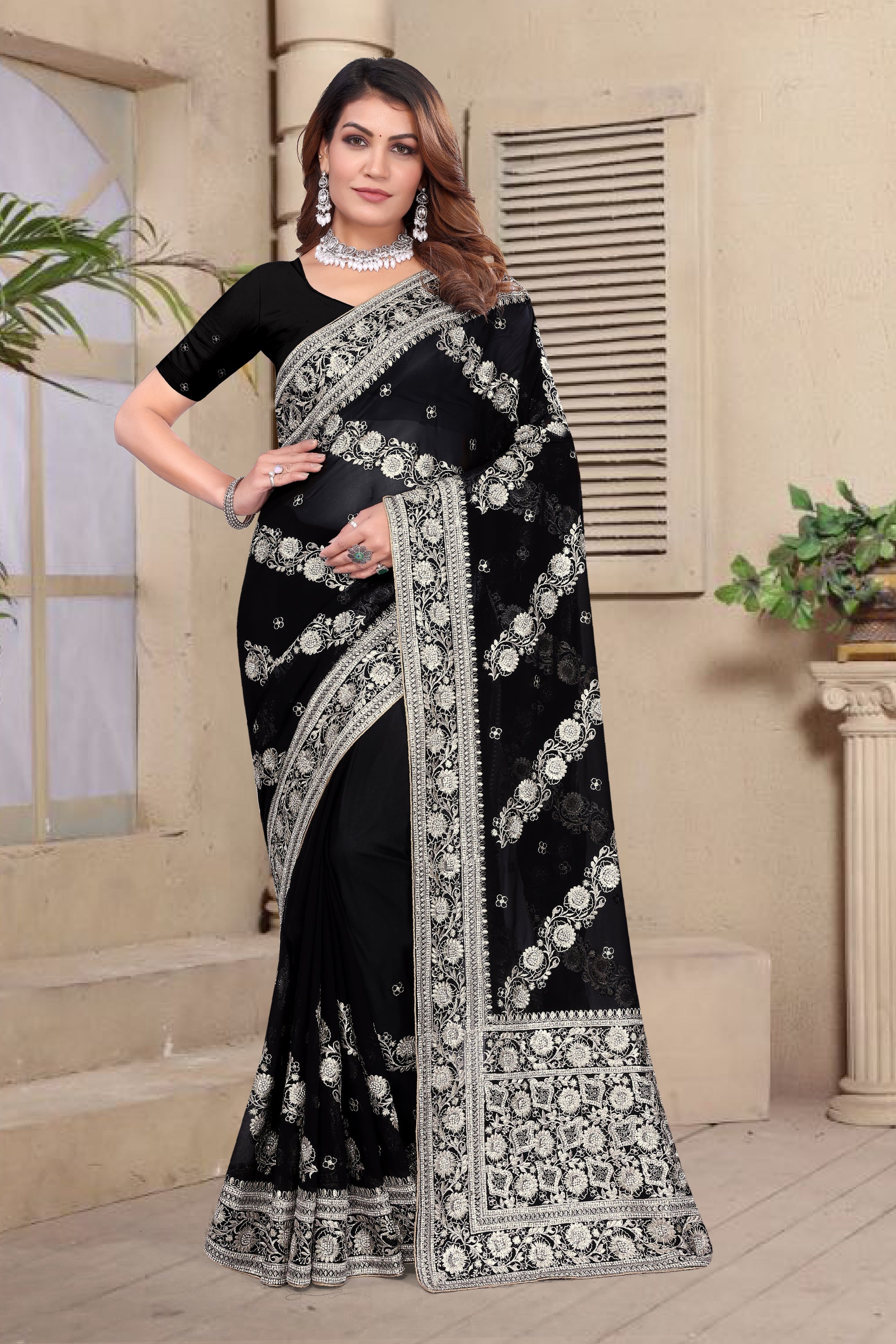 Black Georgette Saree | Heavy Resham & Jari Embroidery with Zarkan Work