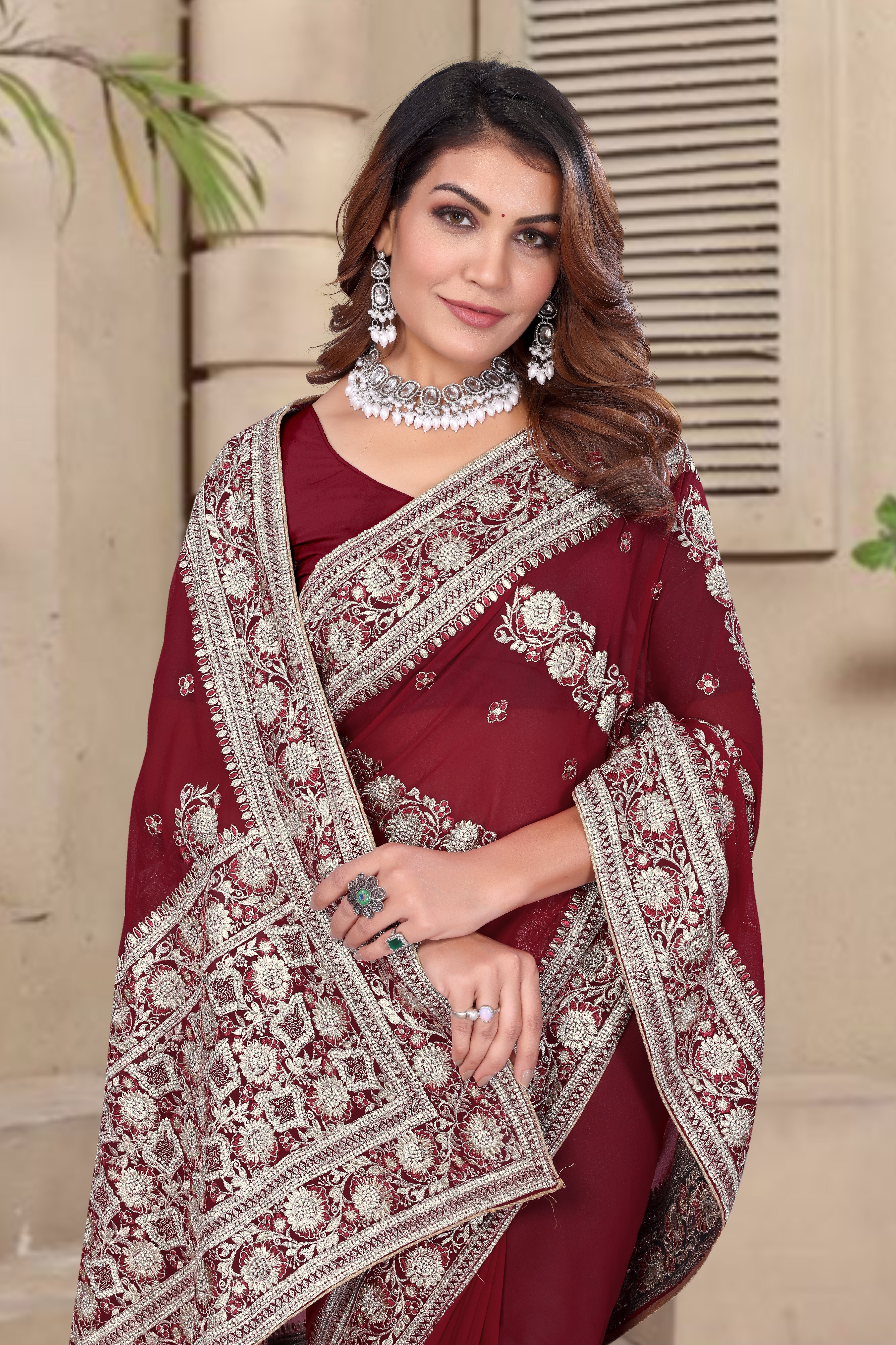 Maroon Georgette Saree | Heavy Resham & Jari Embroidery with Zarkan Work