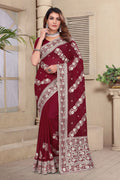 Maroon Georgette Saree | Heavy Resham & Jari Embroidery with Zarkan Work