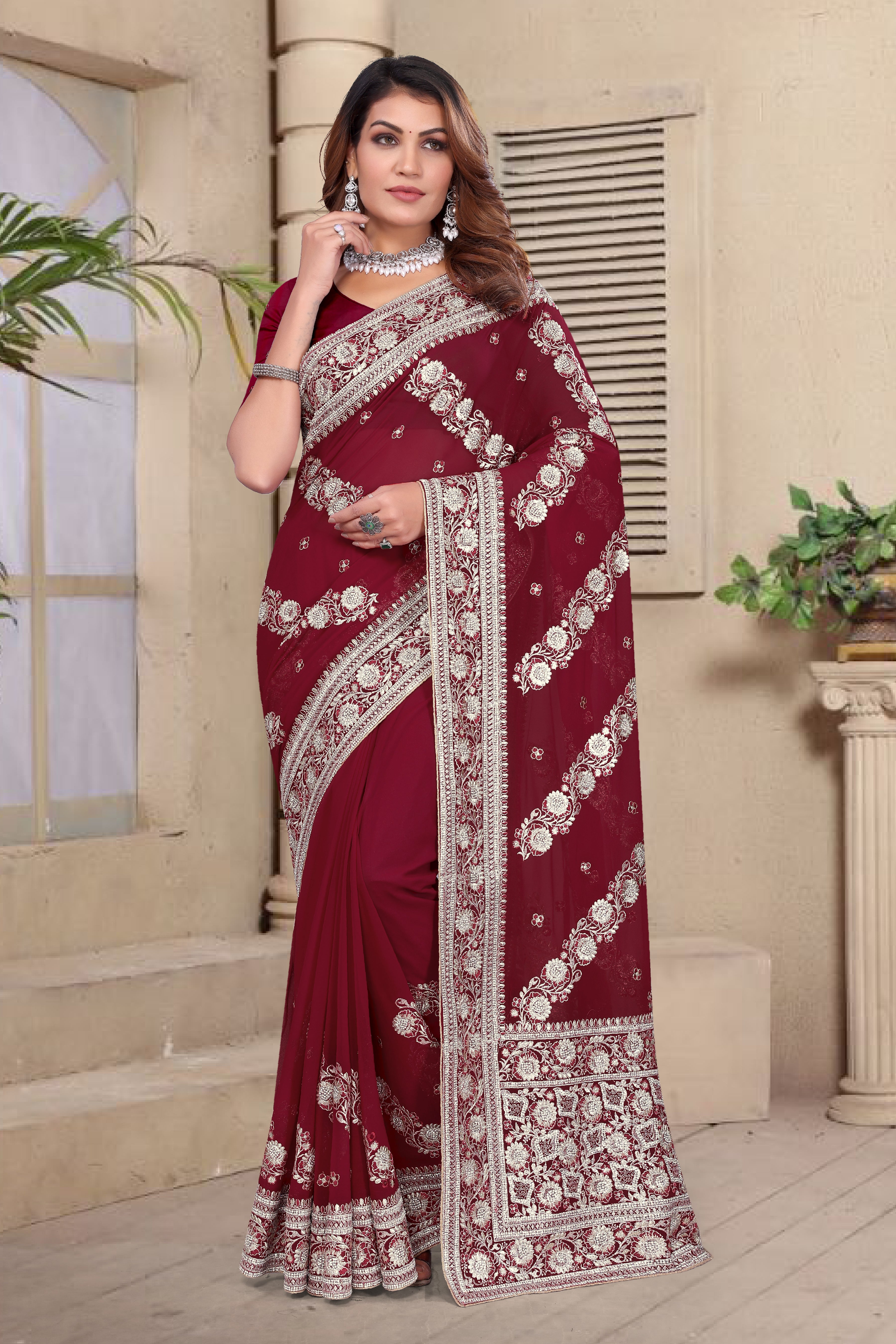 Maroon Georgette Saree | Heavy Resham & Jari Embroidery with Zarkan Work