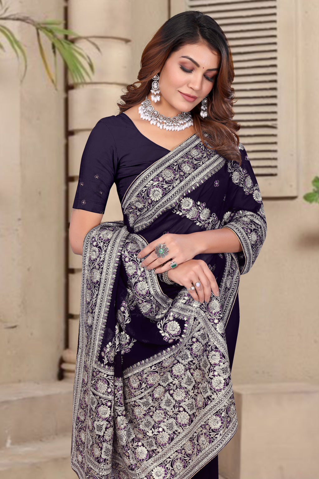 Purple Georgette Saree | Heavy Resham & Jari Embroidery with Zarkan Work