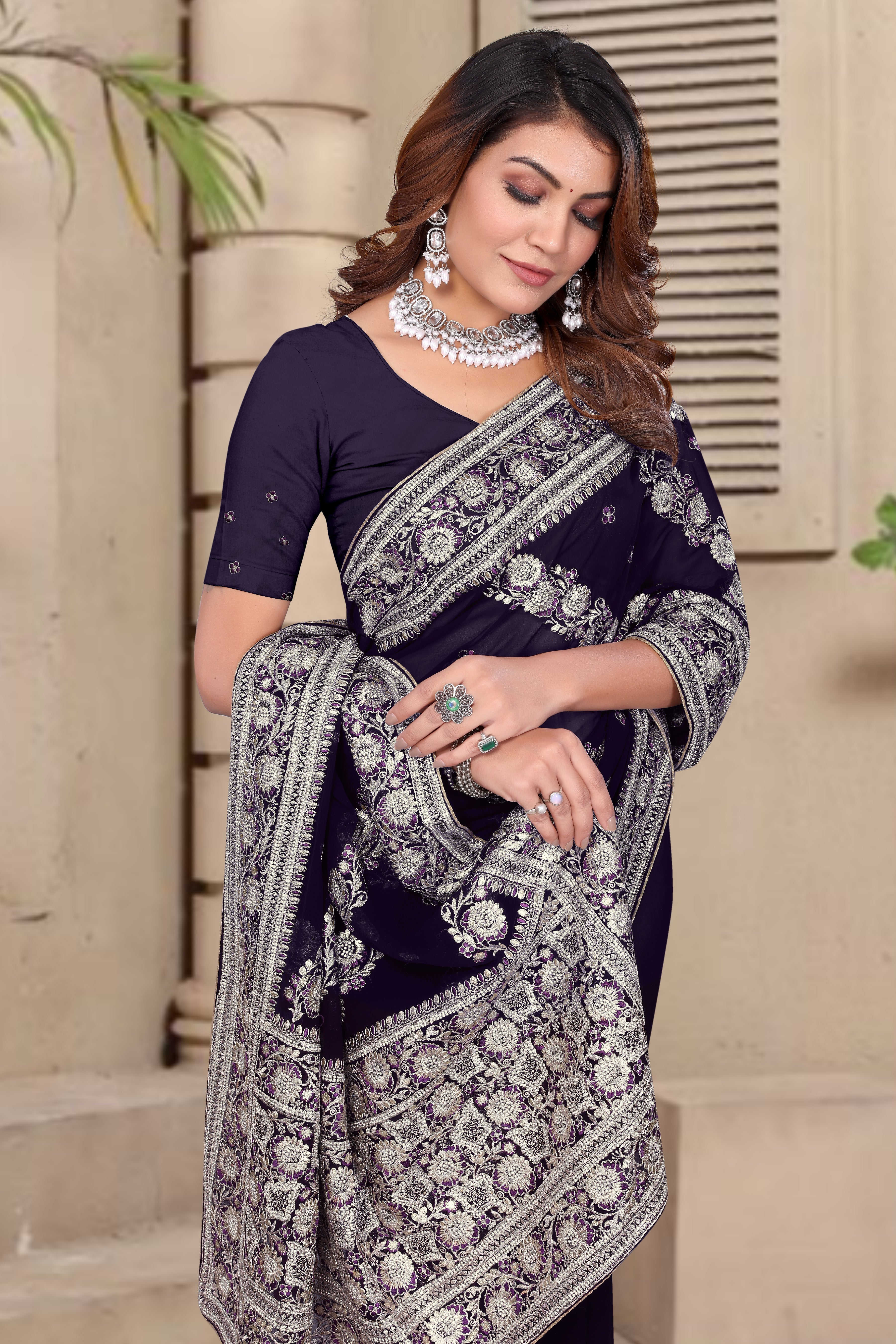 Purple Georgette Saree | Heavy Resham & Jari Embroidery with Zarkan Work