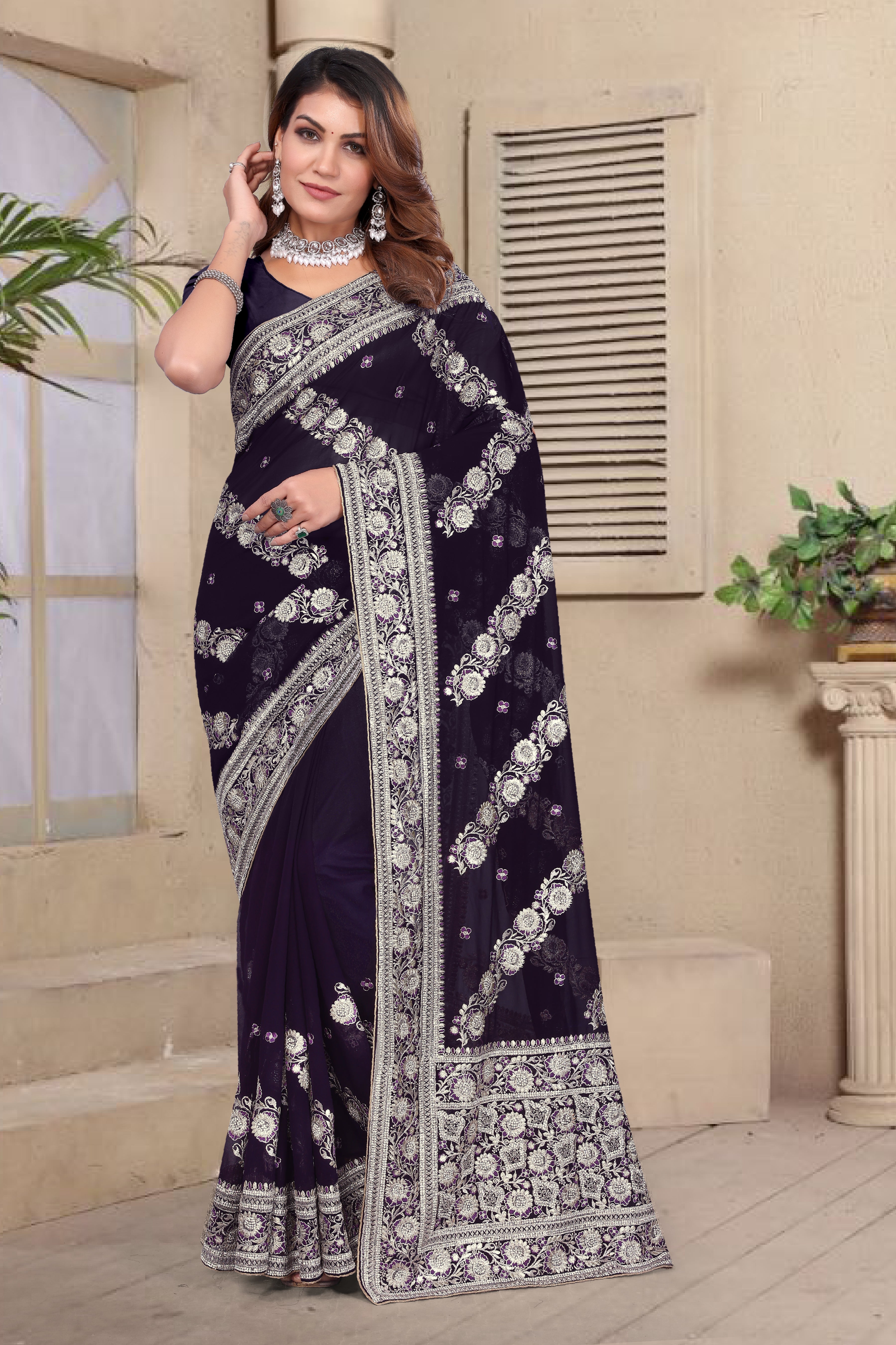 Purple Georgette Saree | Heavy Resham & Jari Embroidery with Zarkan Work