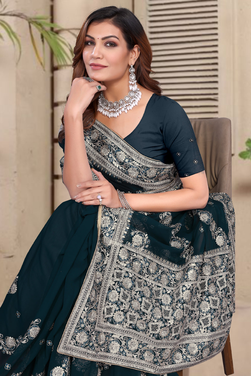 Morpeach Georgette Saree | Heavy Resham & Jari Embroidery with Zarkan Work