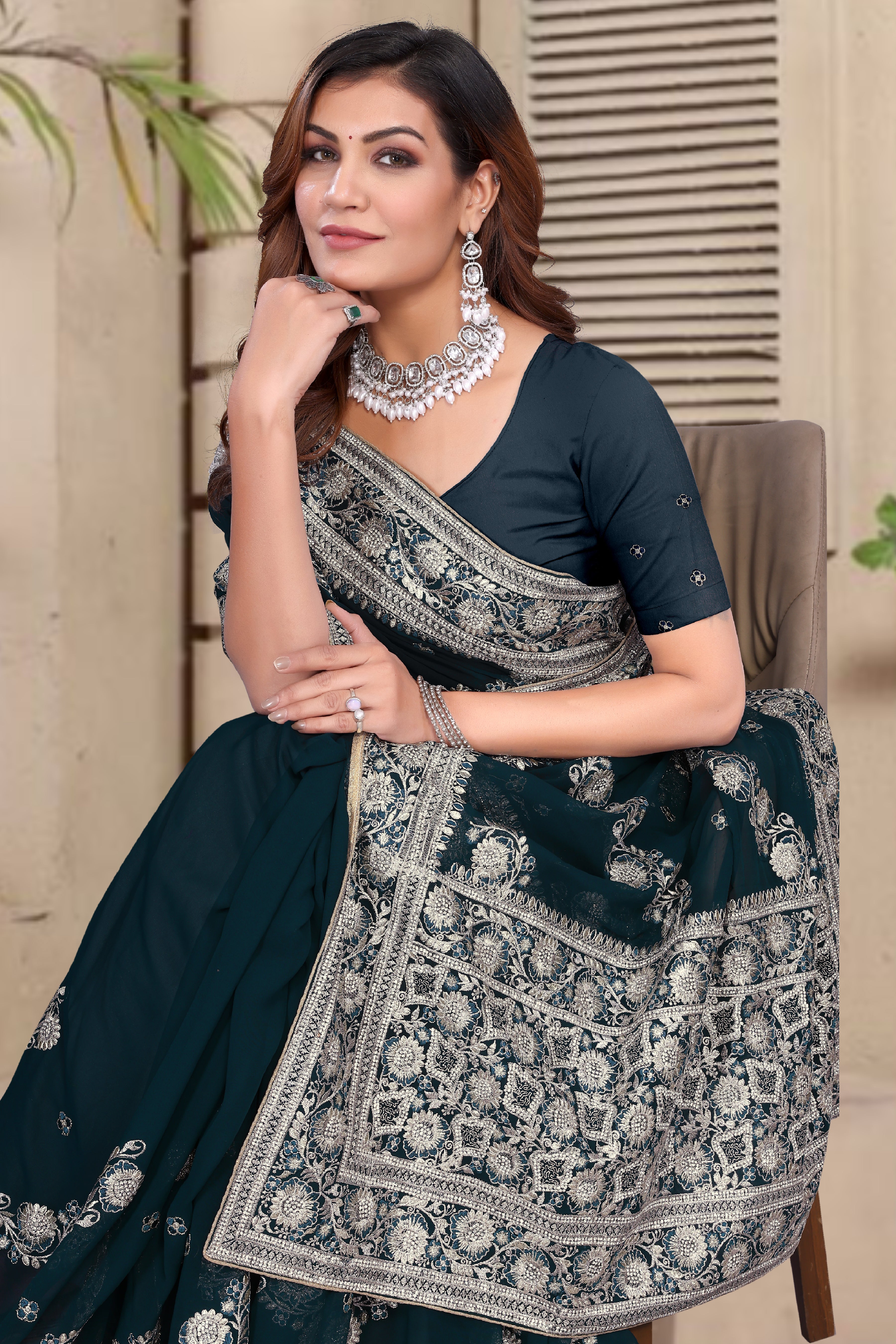 Morpeach Georgette Saree | Heavy Resham & Jari Embroidery with Zarkan Work