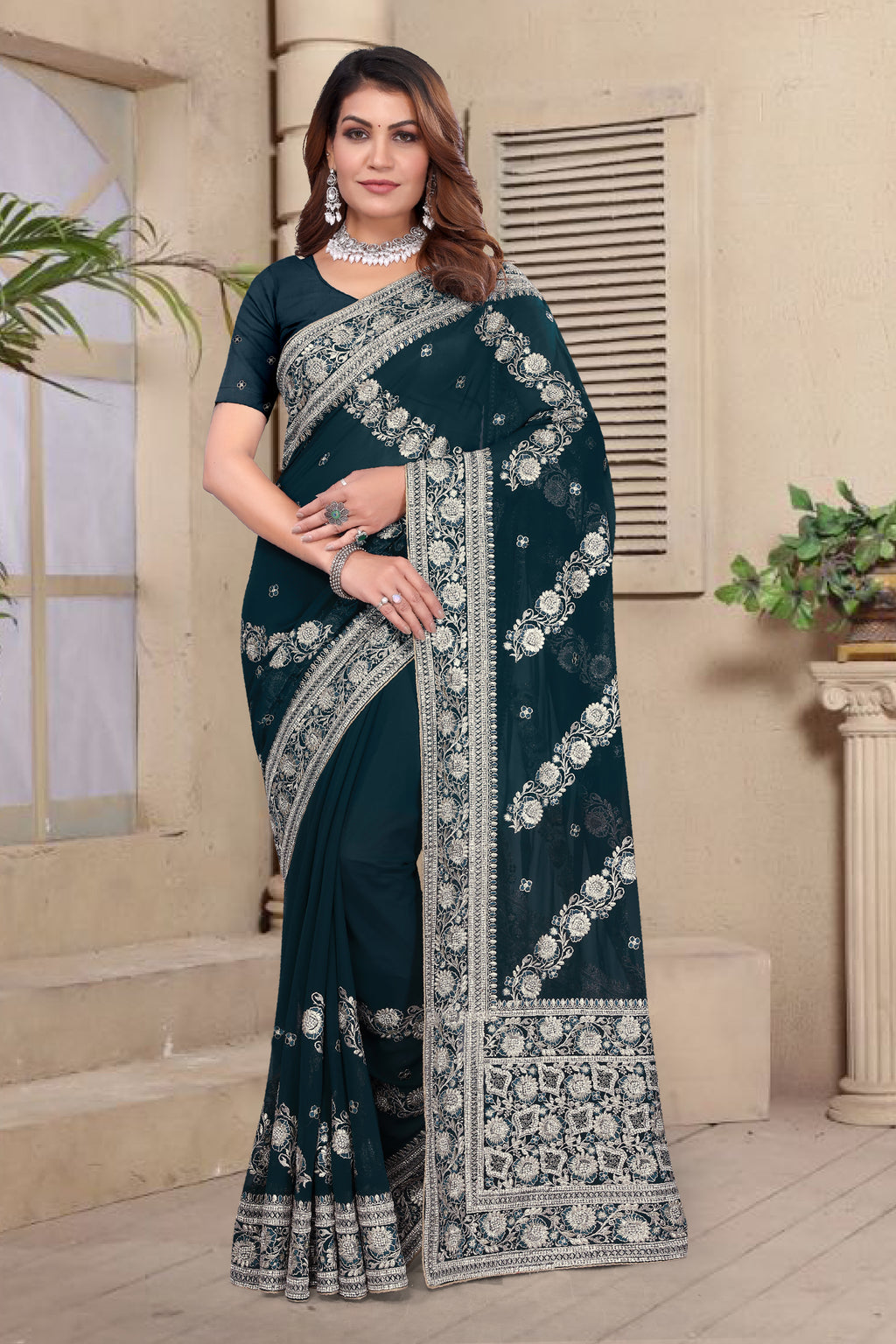 Morpeach Georgette Saree | Heavy Resham & Jari Embroidery with Zarkan Work