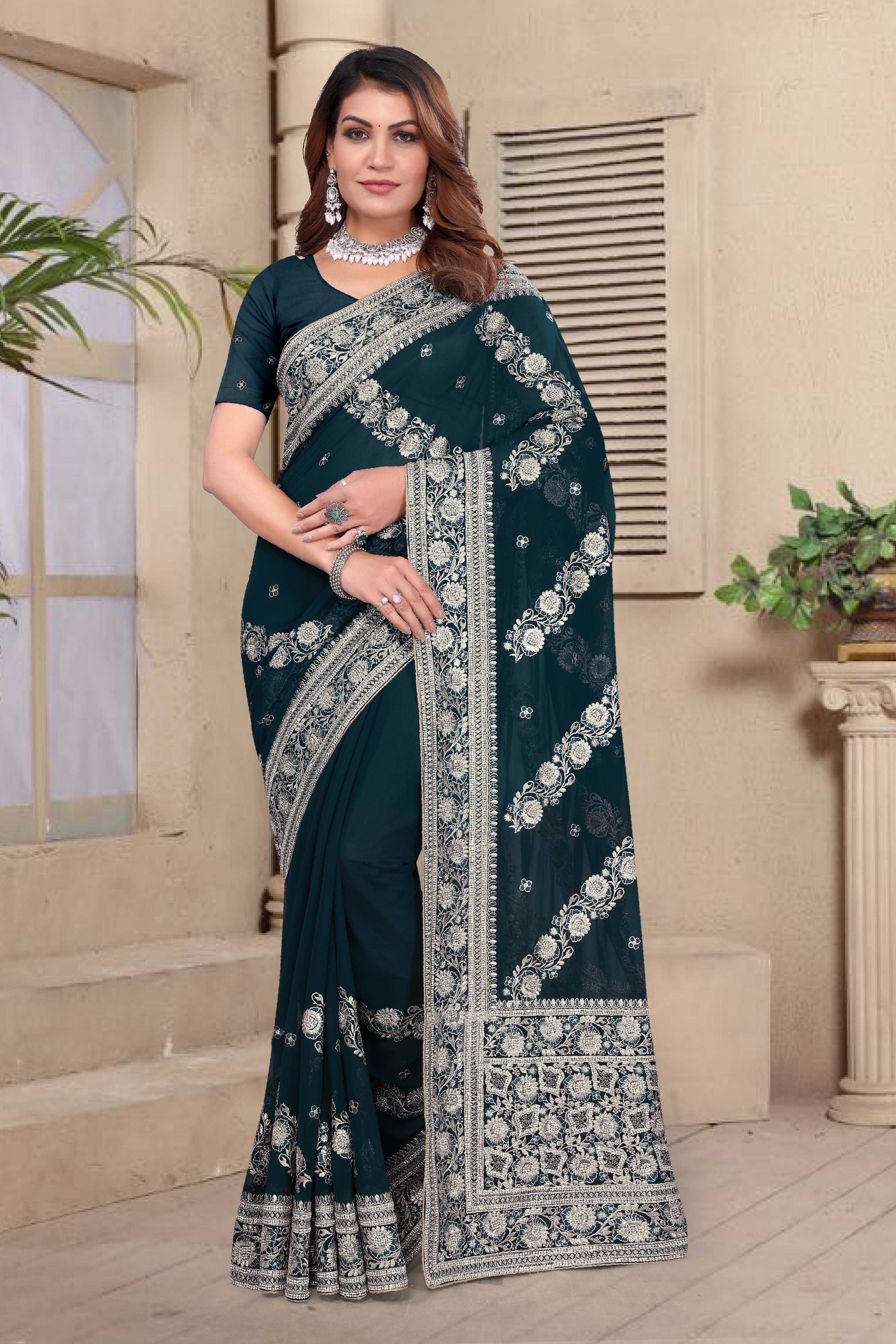 Morpeach Georgette Saree | Heavy Resham & Jari Embroidery with Zarkan Work