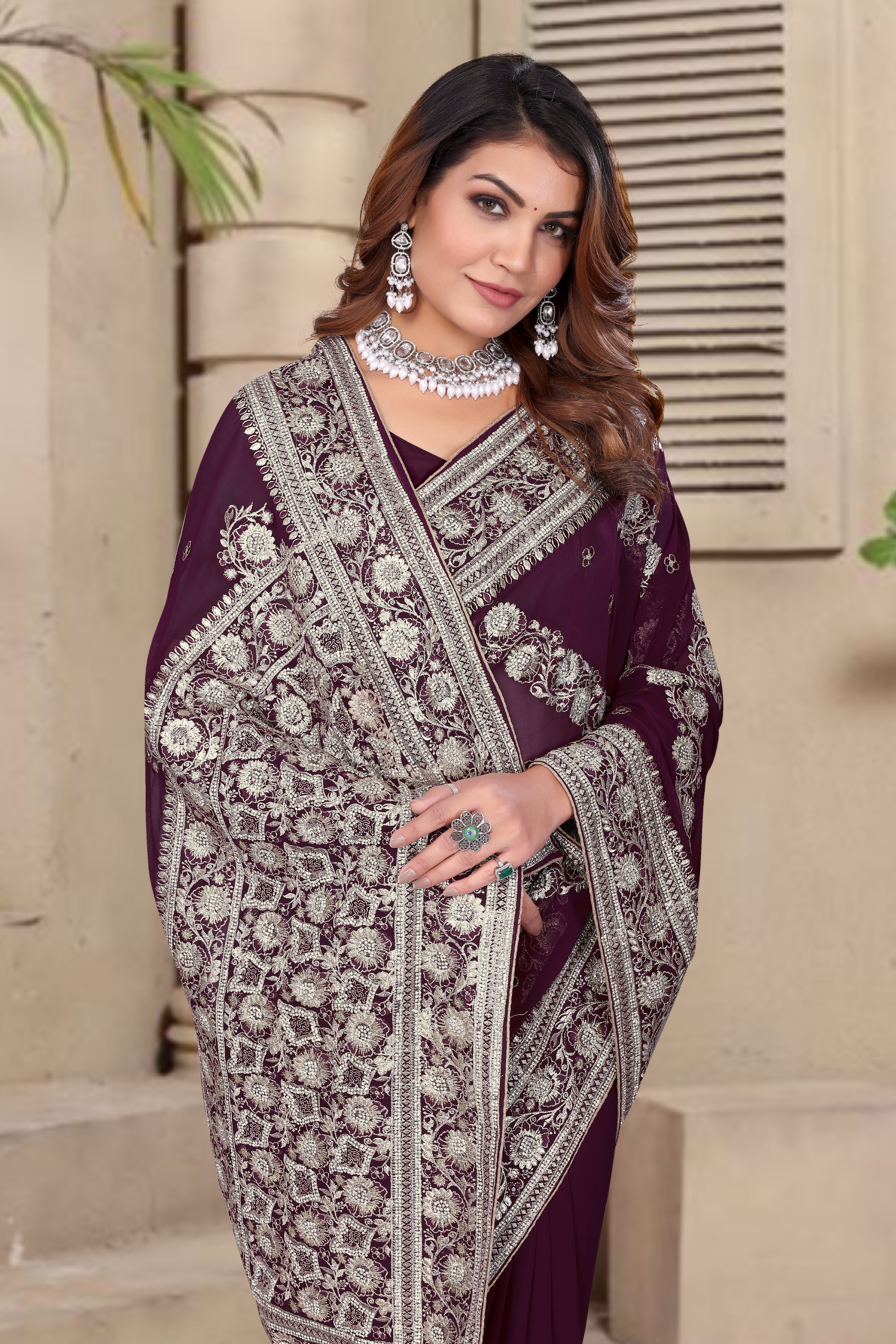 Wine Georgette Saree | Heavy Resham & Jari Embroidery with Zarkan Work