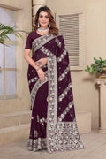 Wine Georgette Saree | Heavy Resham & Jari Embroidery with Zarkan Work