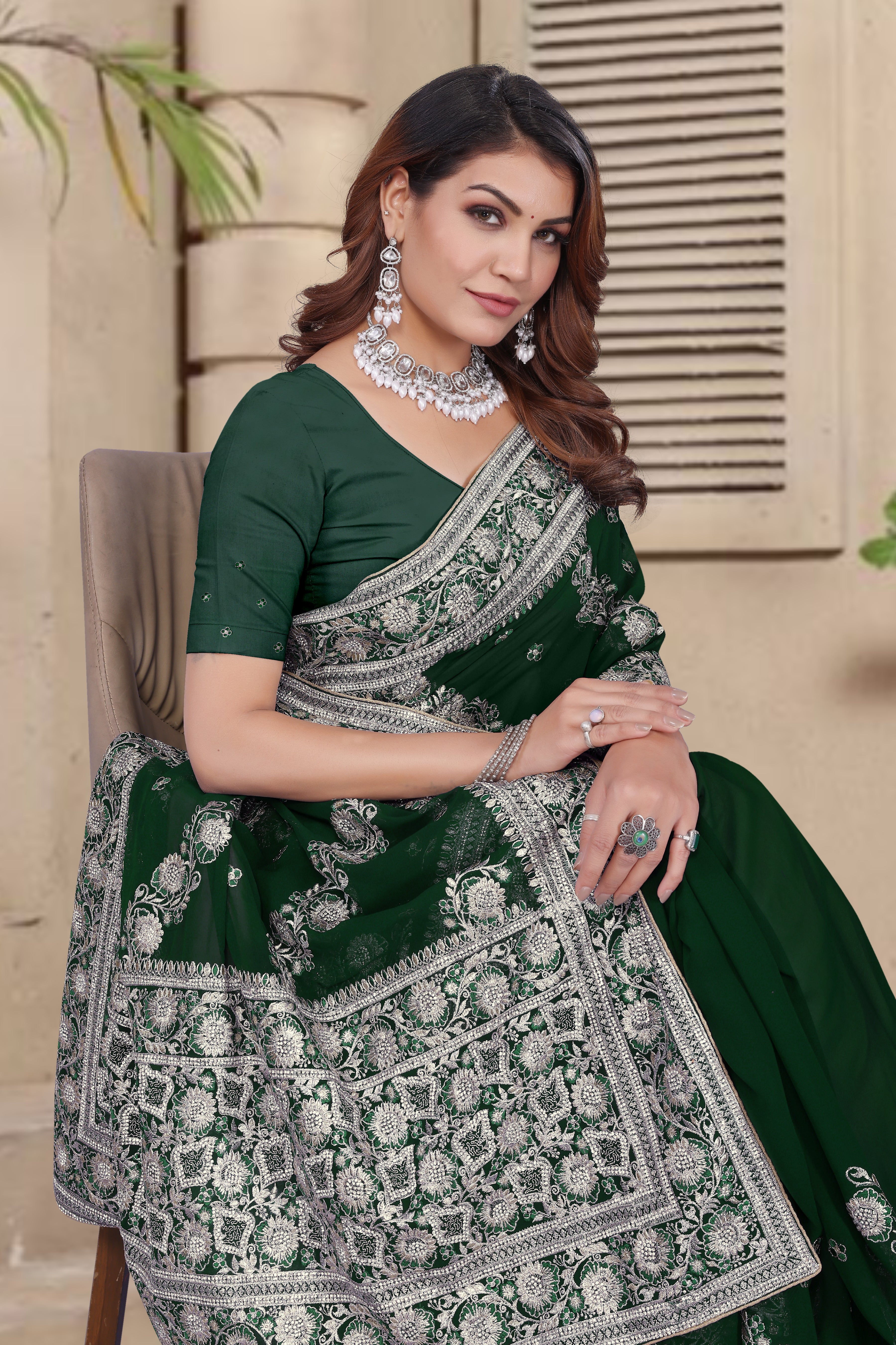 Botel Green Georgette Saree | Heavy Resham & Jari Embroidery with Zarkan Work