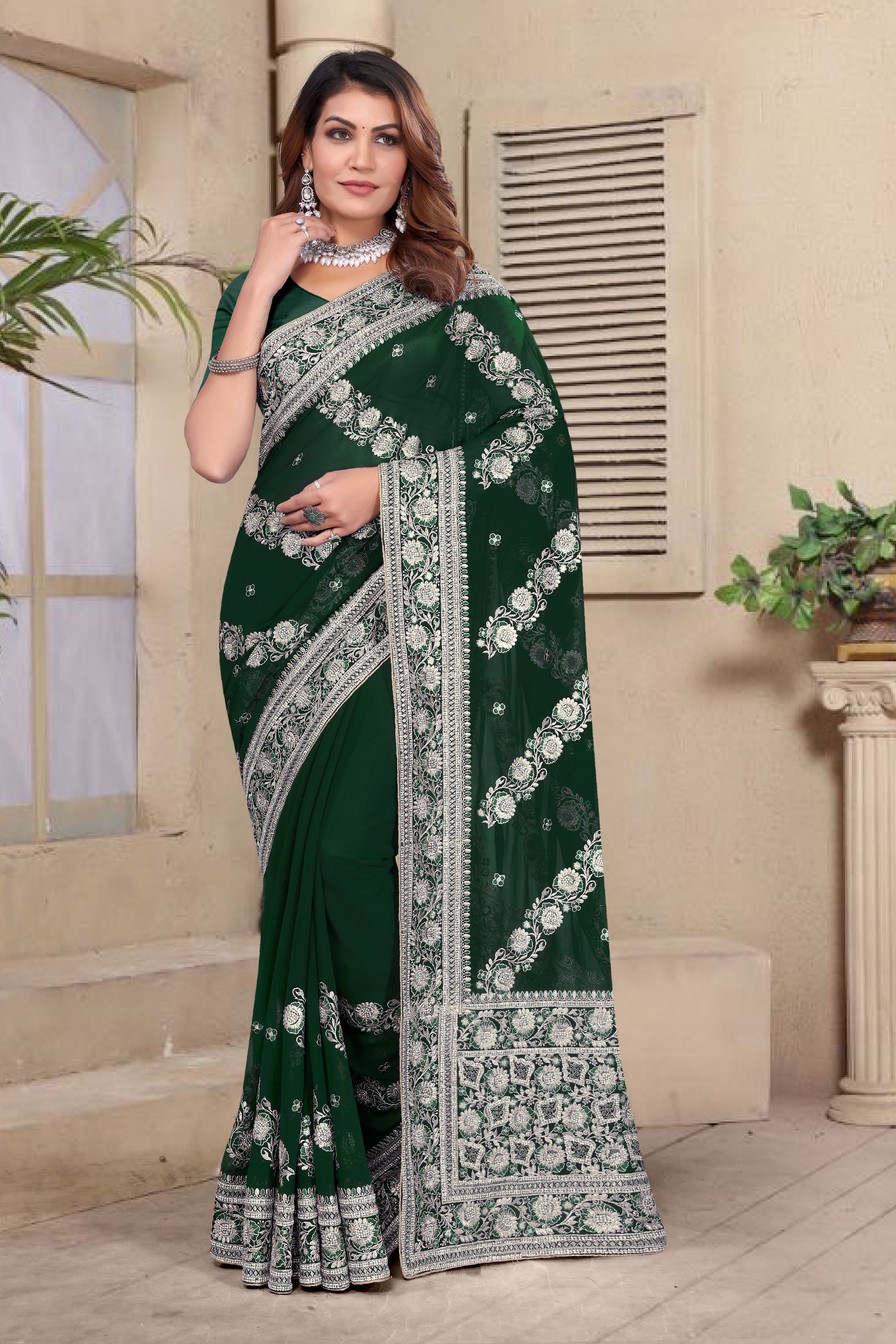 Botel Green Georgette Saree | Heavy Resham & Jari Embroidery with Zarkan Work